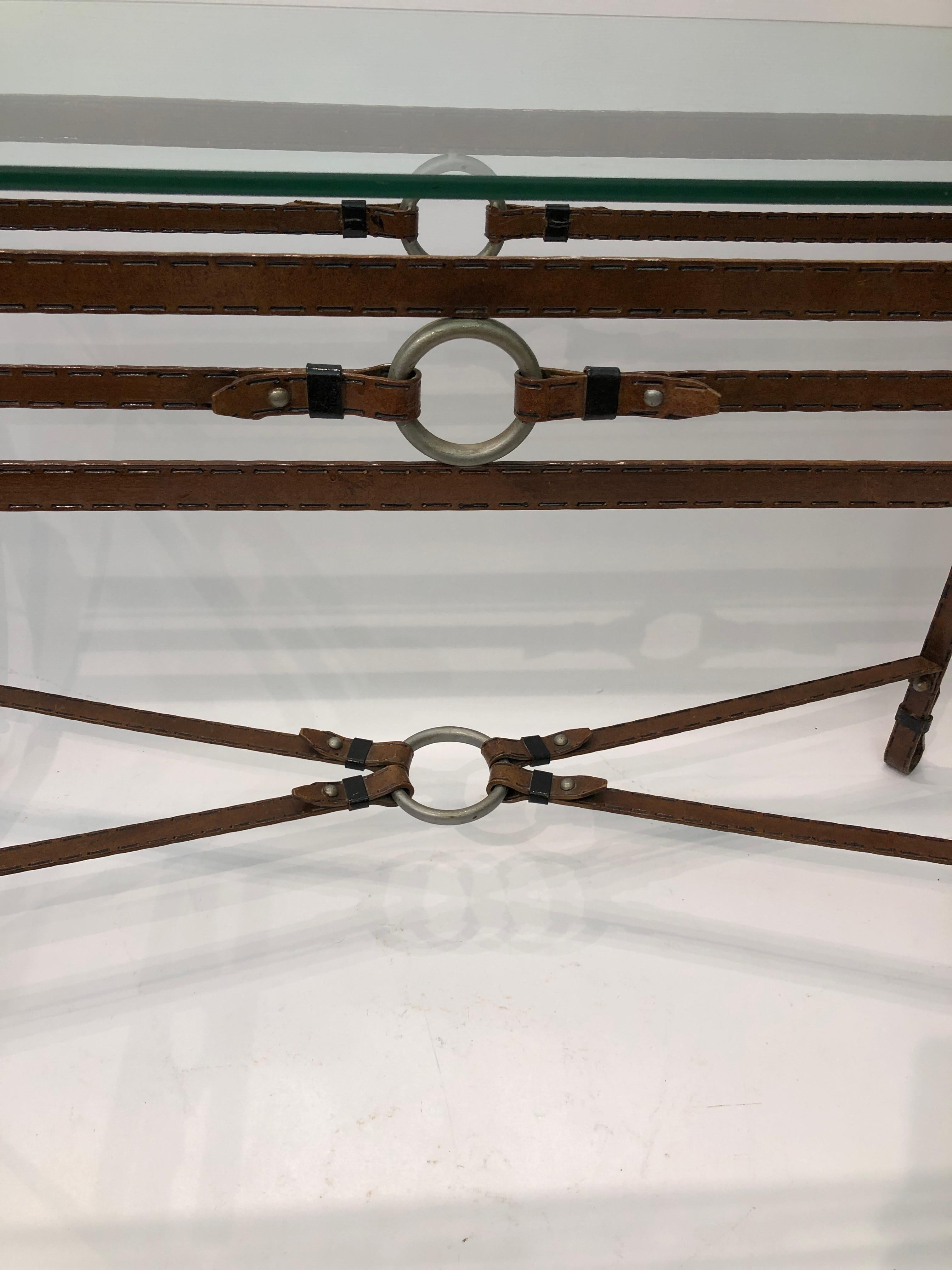 Jacques Adnet Style Iron Leather Console Table Glass Metal 1970s Mid-Century For Sale 1