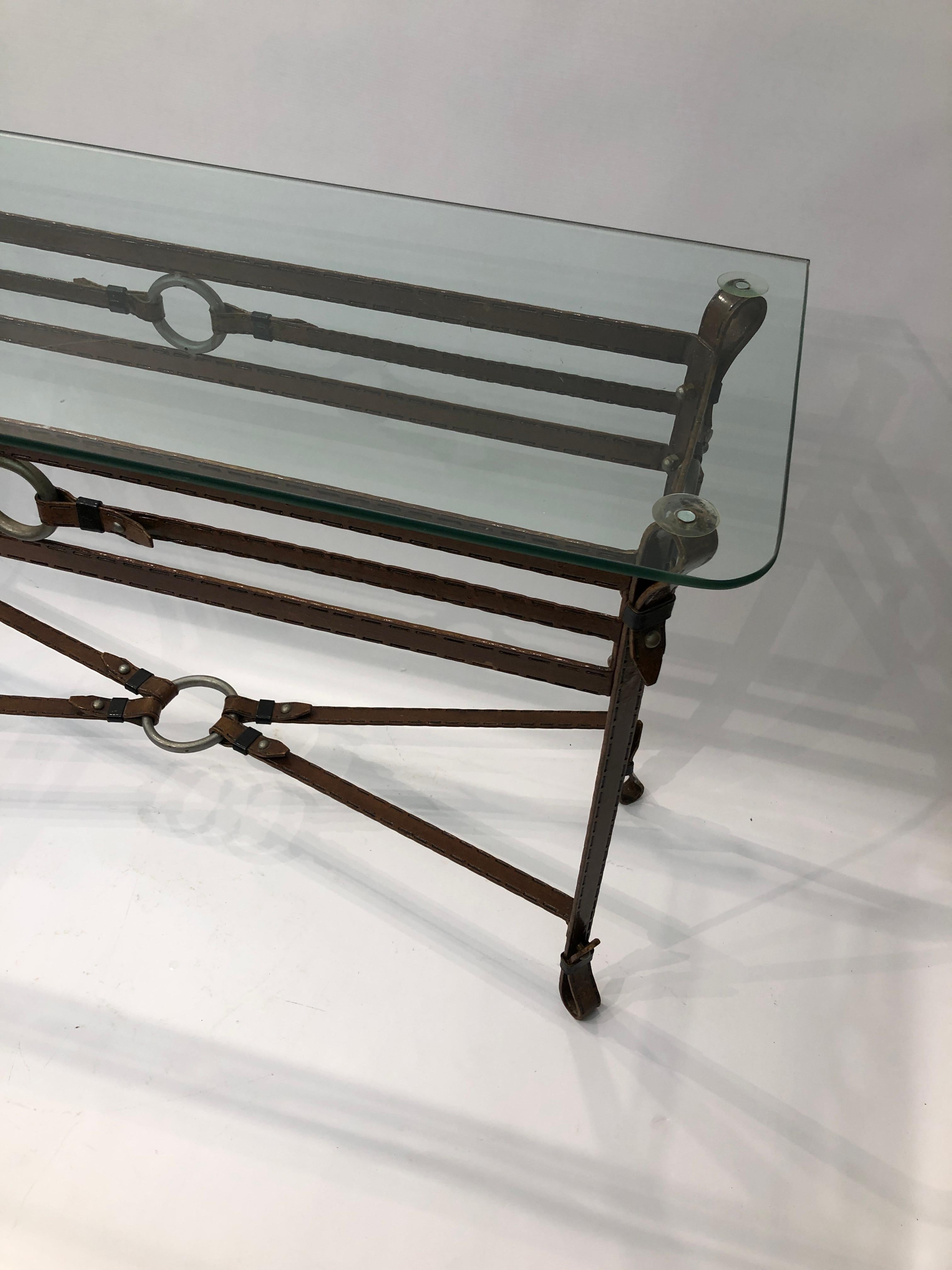 Jacques Adnet Style Iron Leather Console Table Glass Metal 1970s Mid-Century For Sale 2
