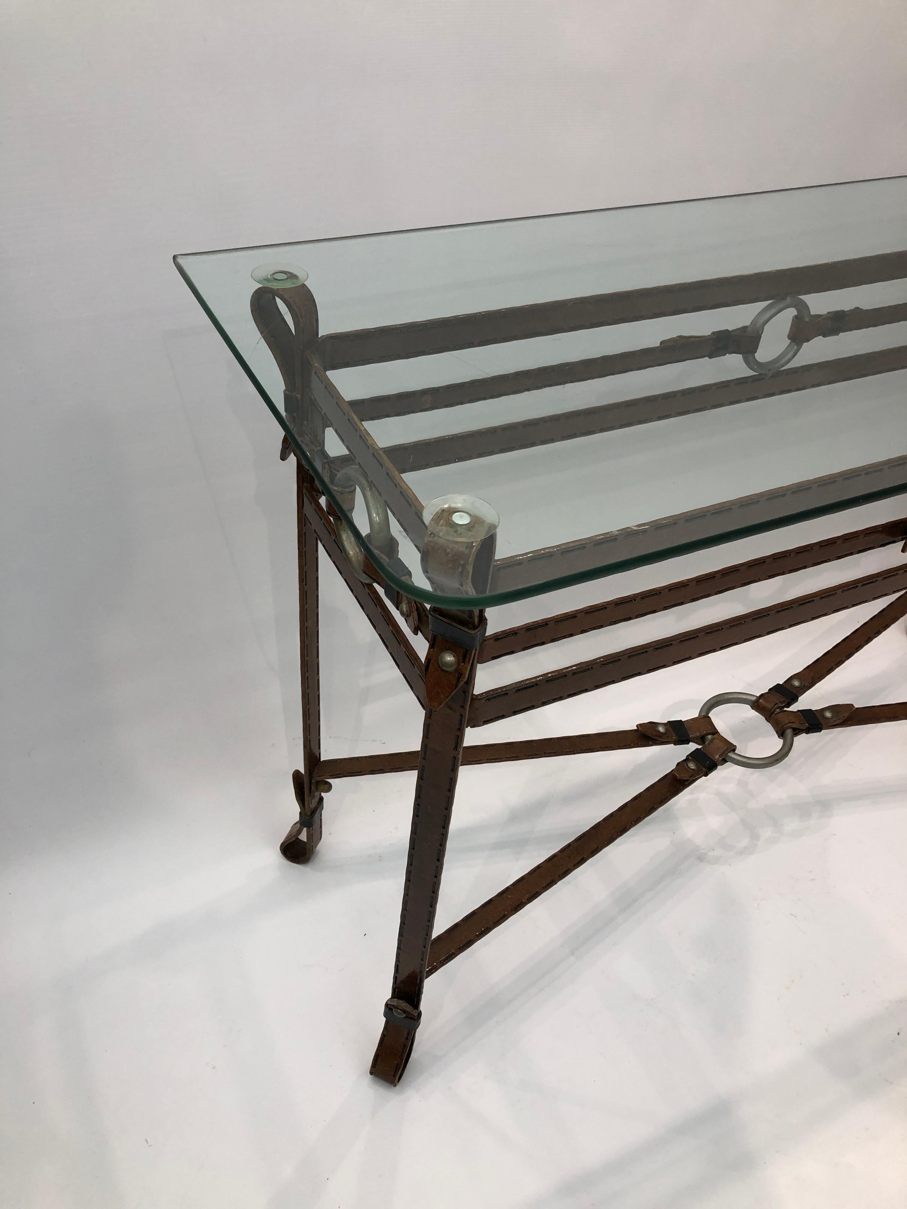 Jacques Adnet Style Iron Leather Console Table Glass Metal 1970s Mid-Century For Sale 3