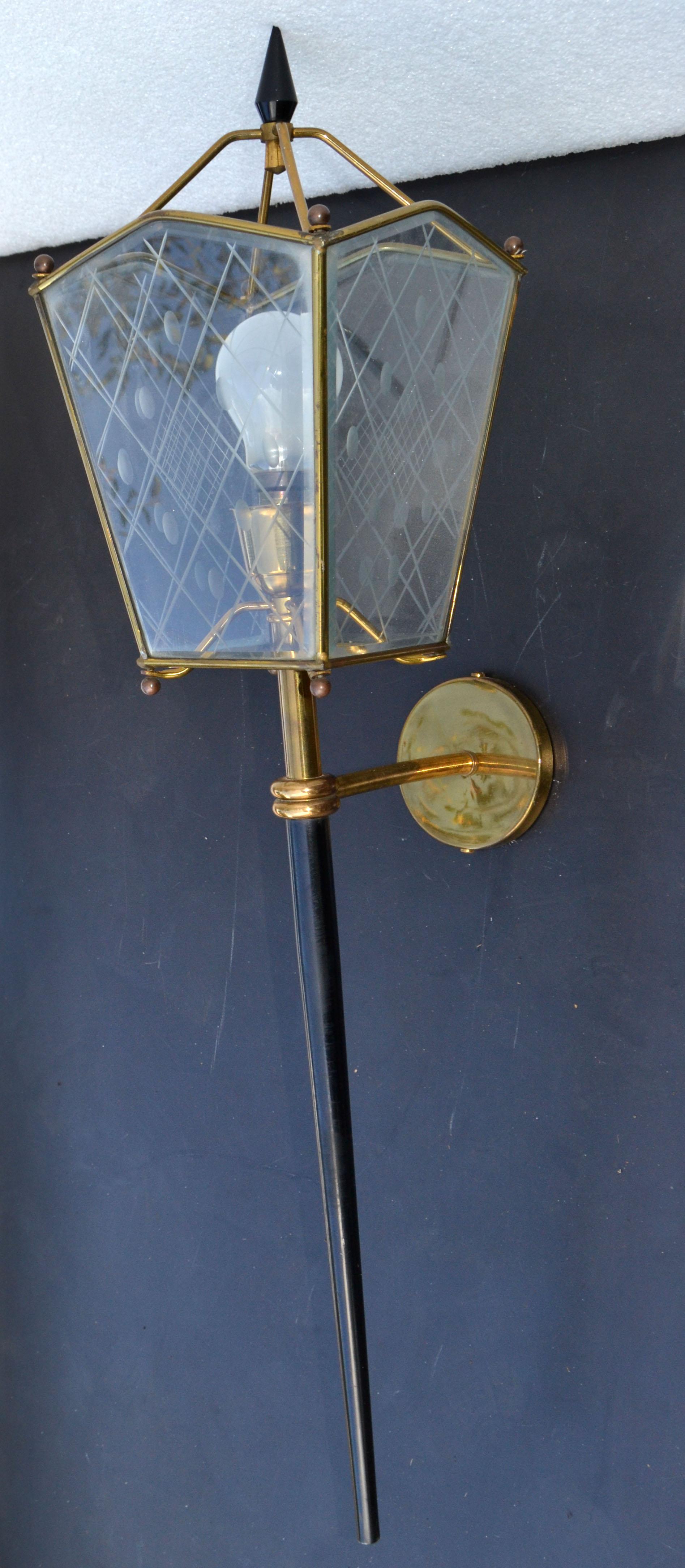 French Jacques Adnet Style Largest Size Sconces Lantern Wall Lamps France 1960, Pair For Sale