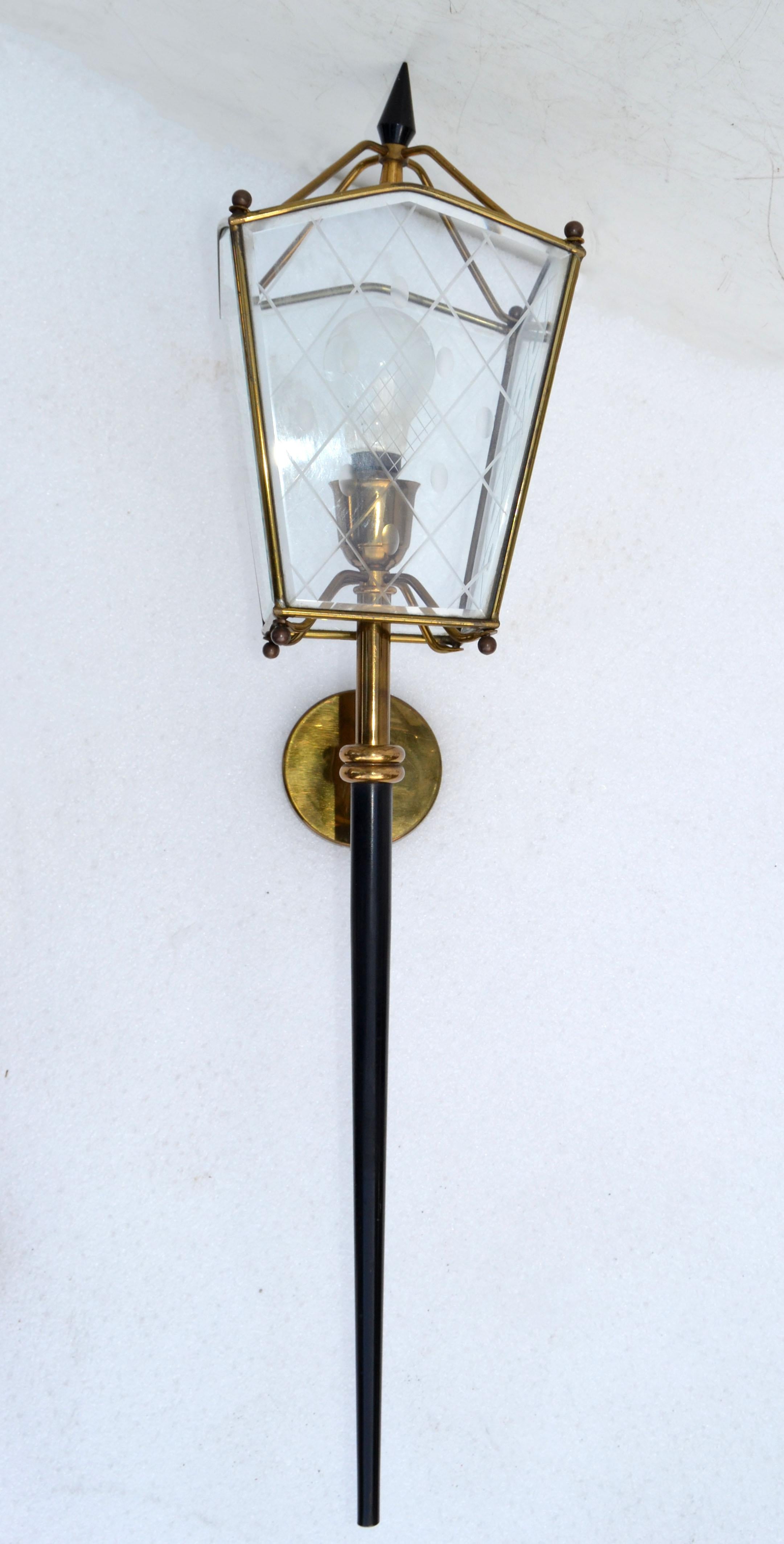 Brass Jacques Adnet Style Largest Size Sconces Lantern Wall Lamps France 1960, Pair For Sale