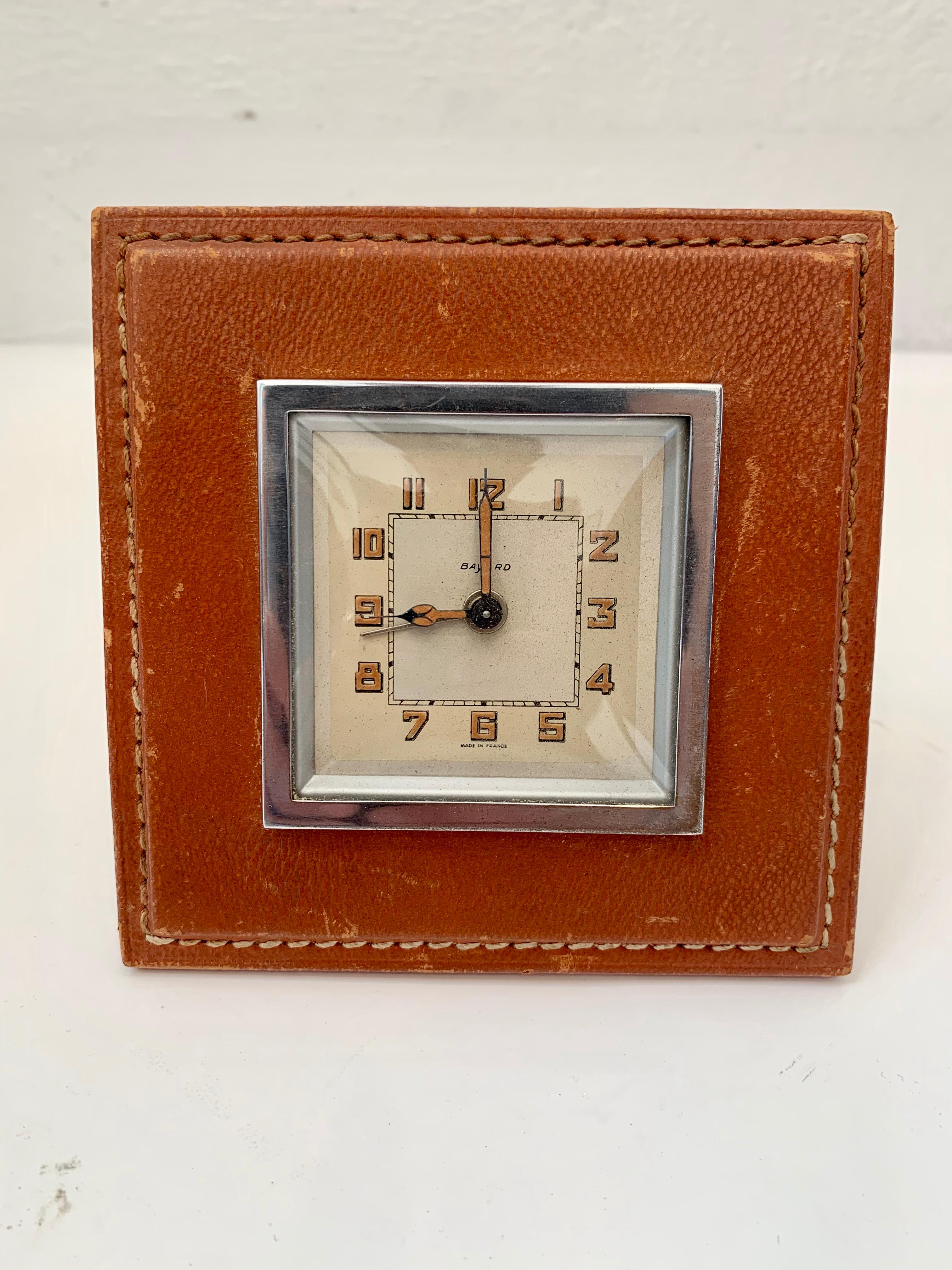 French Jacques Adnet Style Leather Alarm Clock