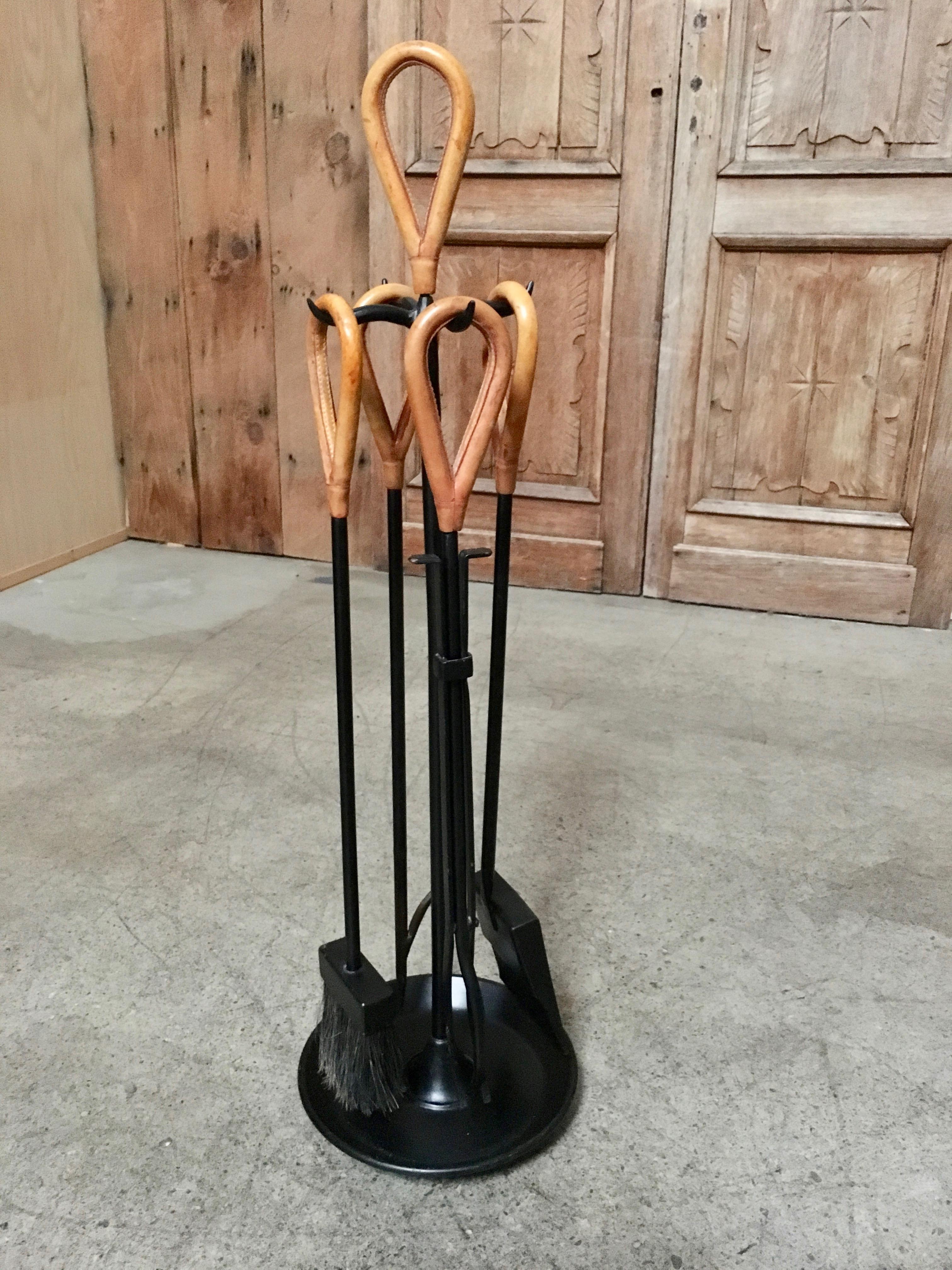 20th Century Jacques Adnet Style Leather and Iron Fireplace Set