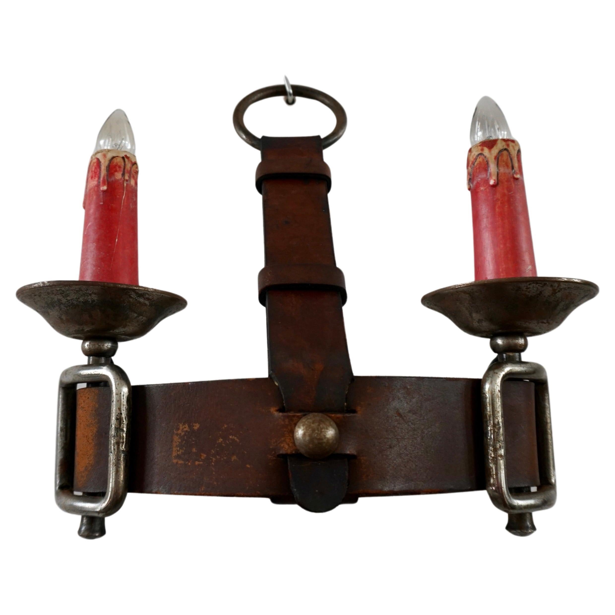 Jacques Adnet Style Leather and Wrought Iron Wall Sconce