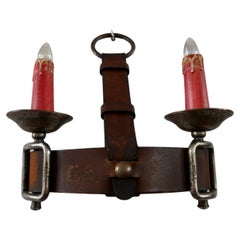 Jacques Adnet Style Leather and Wrought Iron Wall Sconce