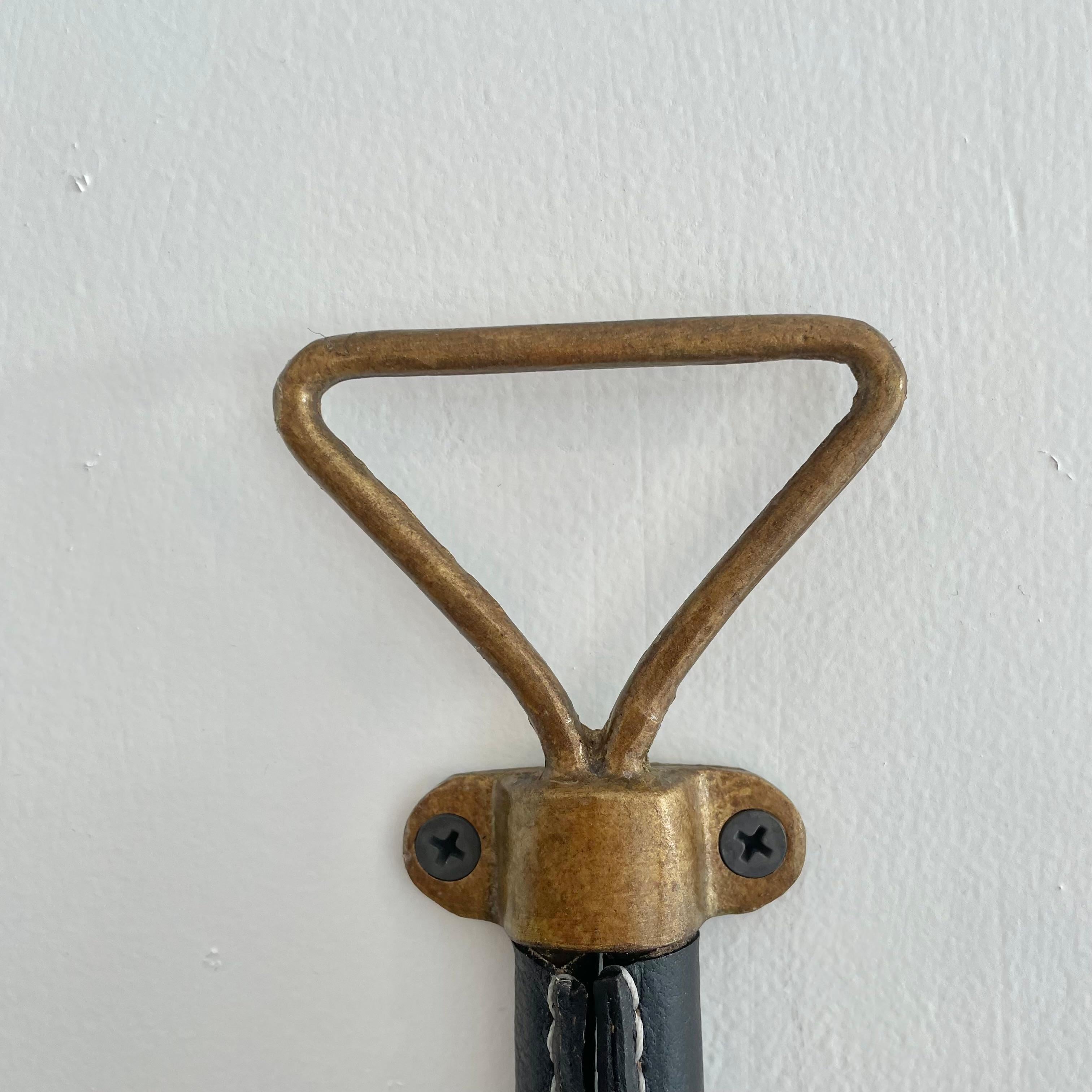 Brass Jacques Adnet Style Leather Hook, 1970s France