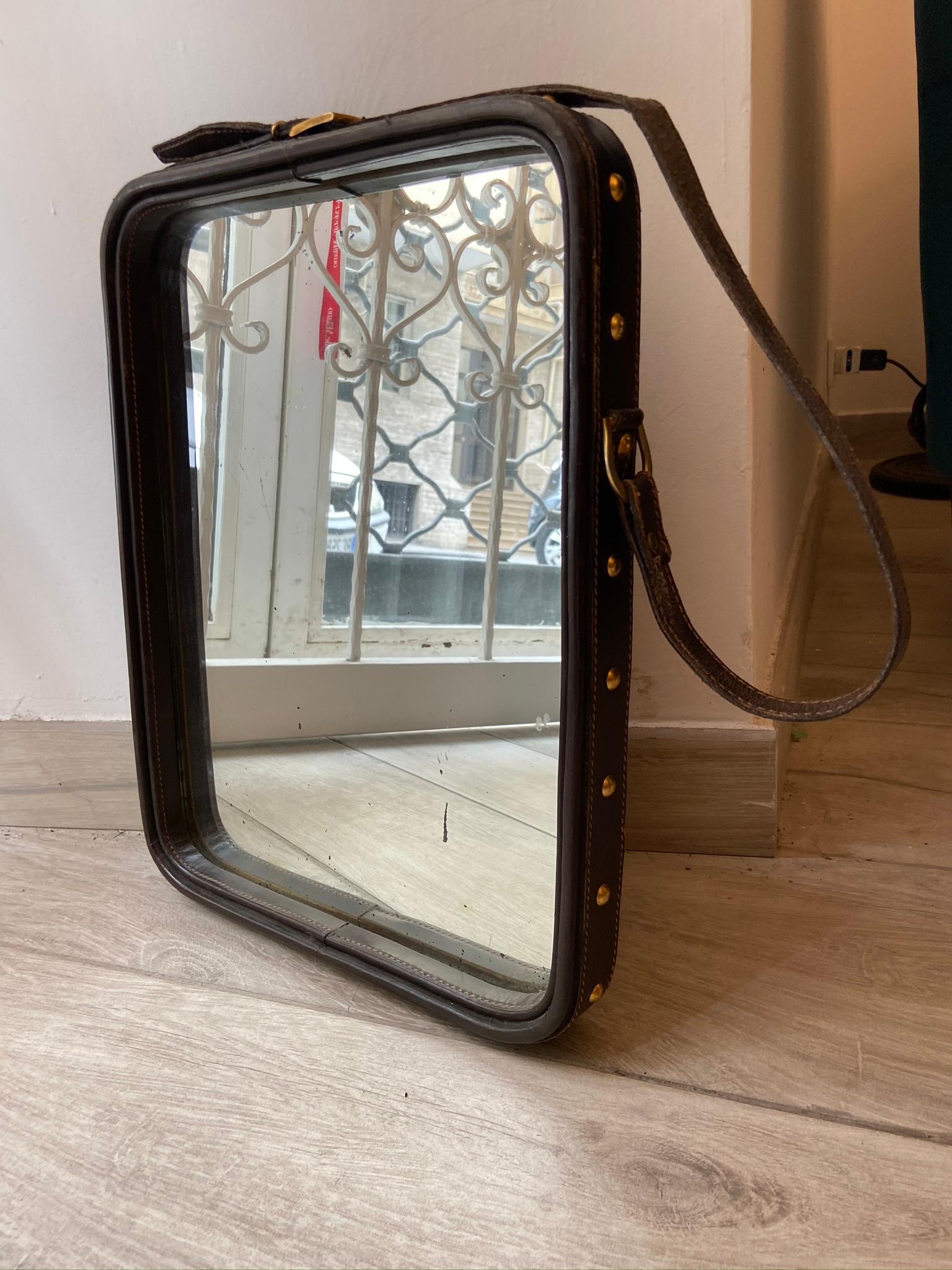 Mid-Century Modern Jacques Adnet Style Leather Mirror, 1960s