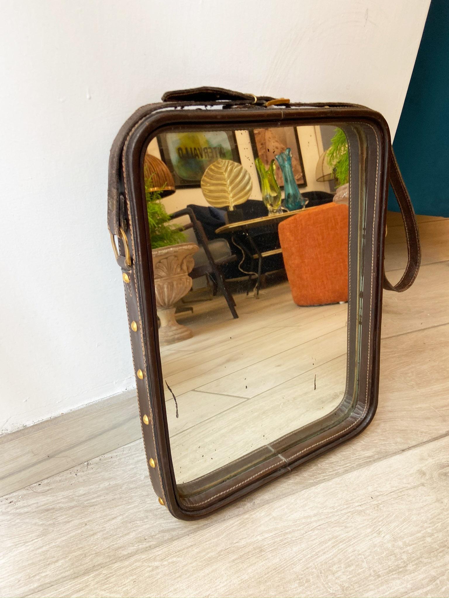 Mid-20th Century Jacques Adnet Style Leather Mirror, 1960s