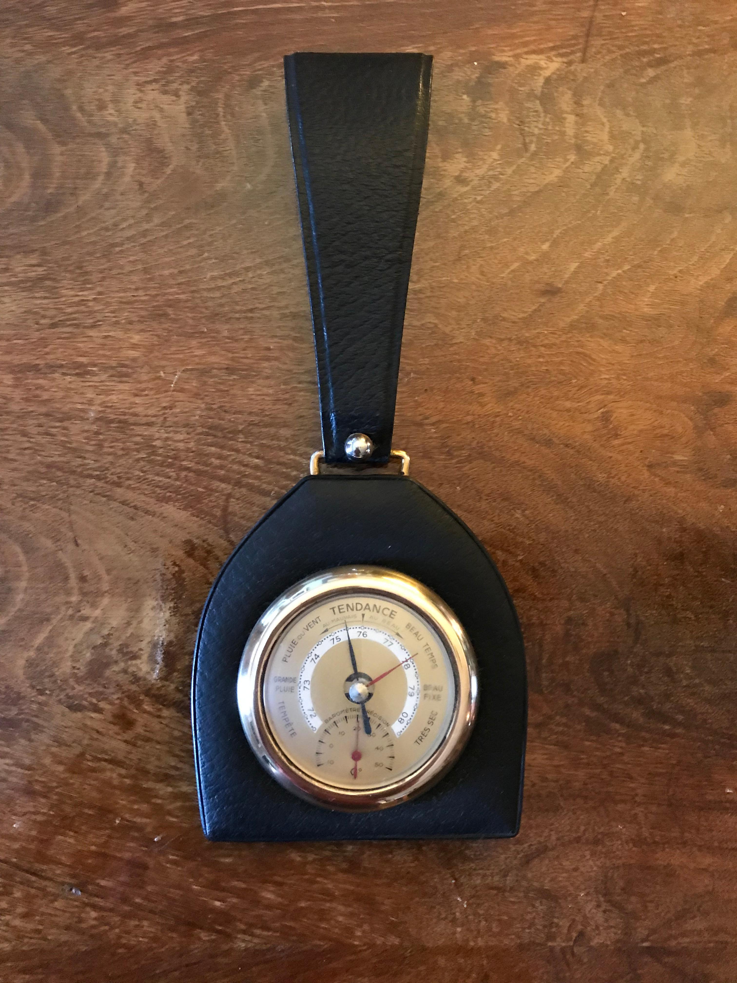 Mid-20th Century Jacques Adnet Style Mid-Century Modern Leather Barometer, France, 1950s For Sale