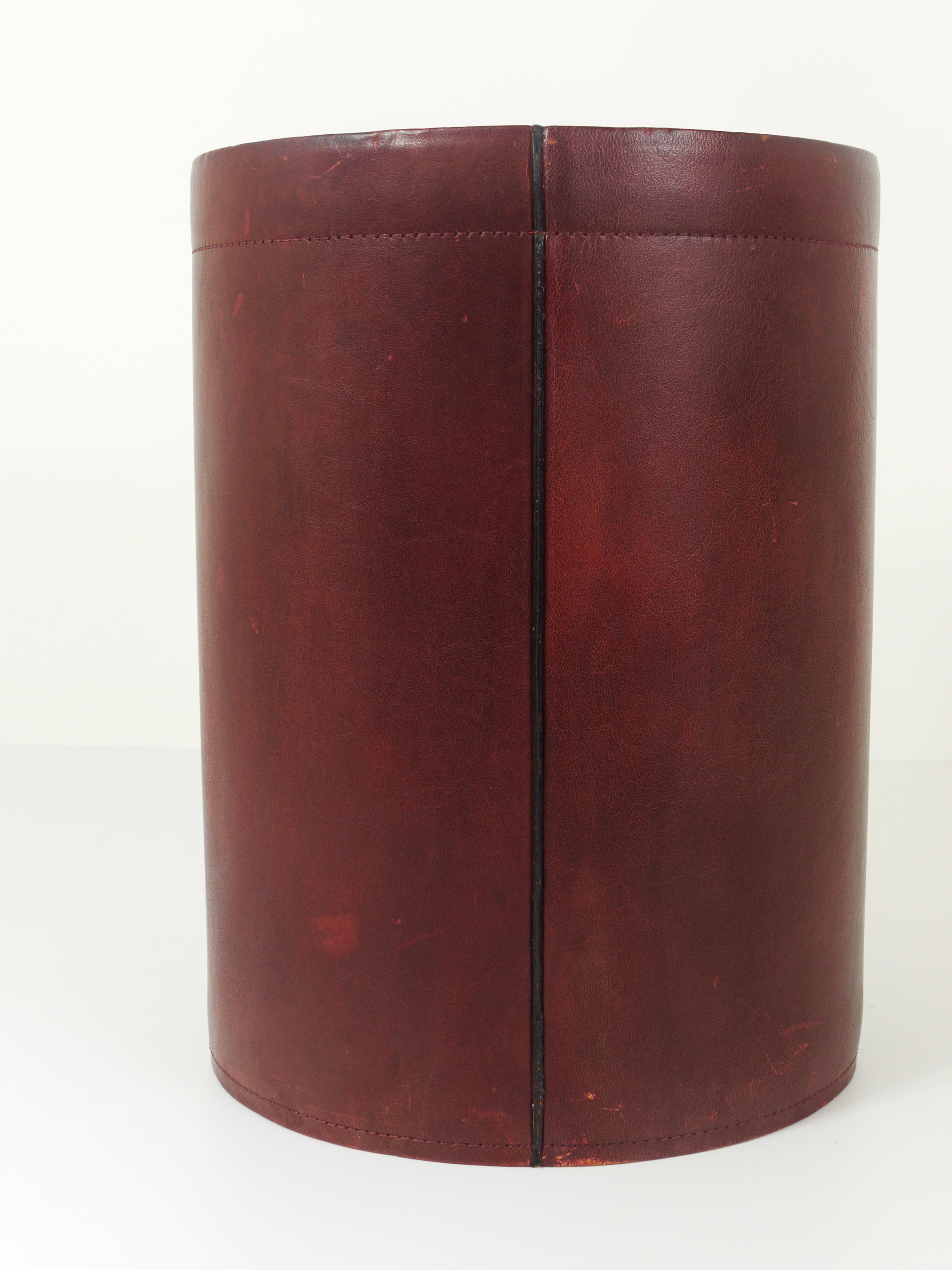 Jacques Adnet Style Red Brown Leather Wastepaper Basket Bin, France, 1970s 3