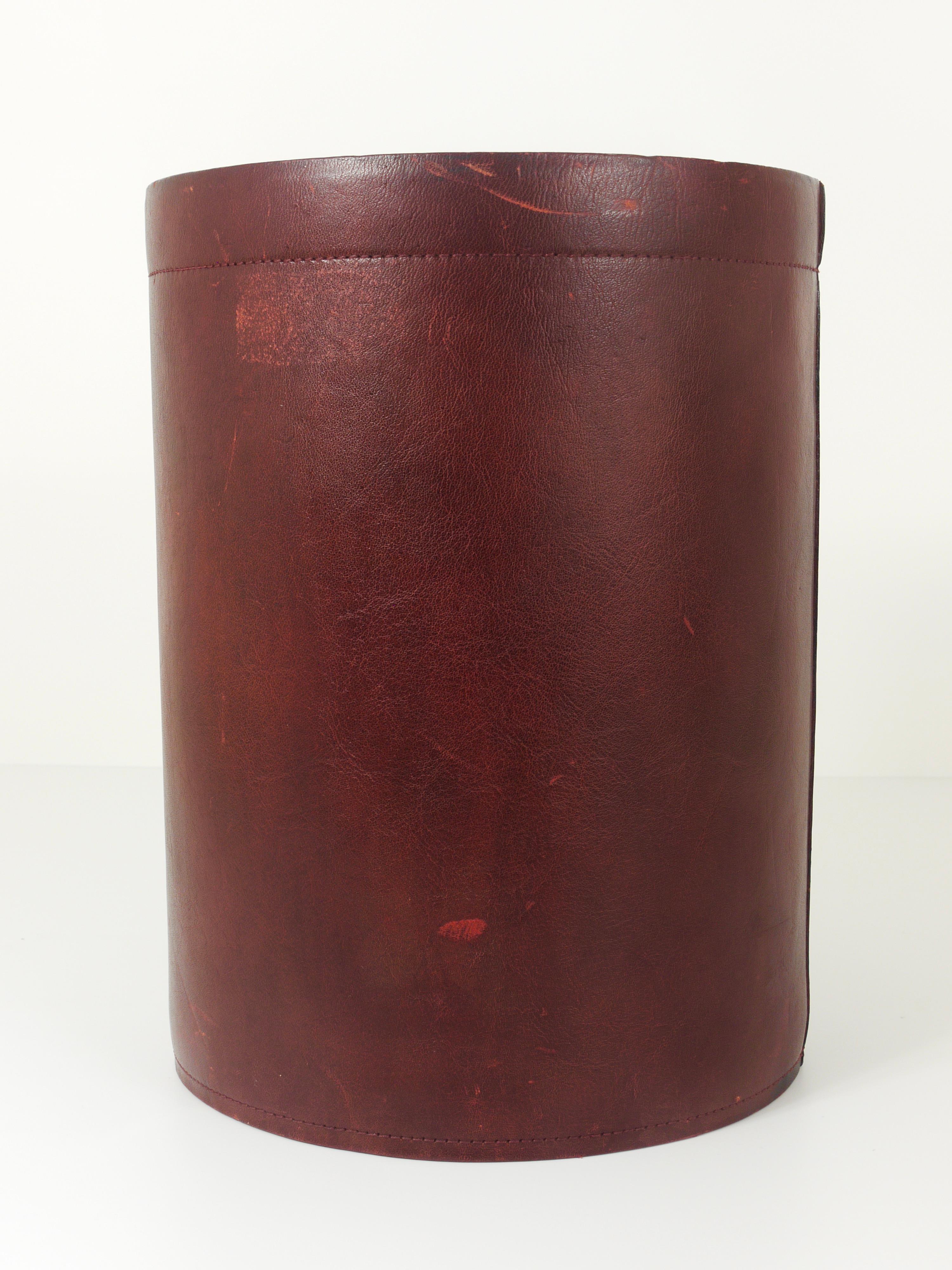 Jacques Adnet Style Red Brown Leather Wastepaper Basket Bin, France, 1970s 4