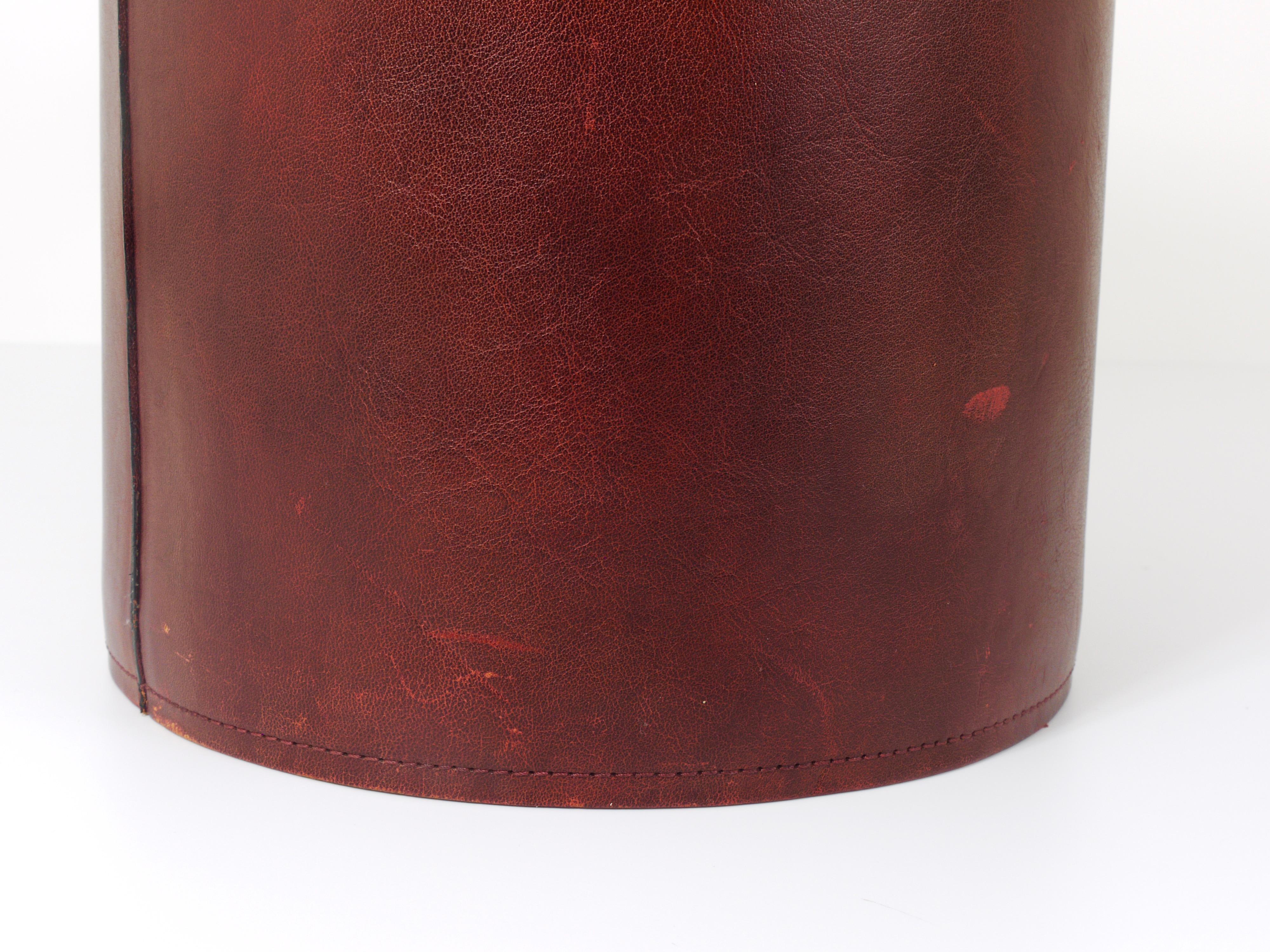 Jacques Adnet Style Red Brown Leather Wastepaper Basket Bin, France, 1970s 7