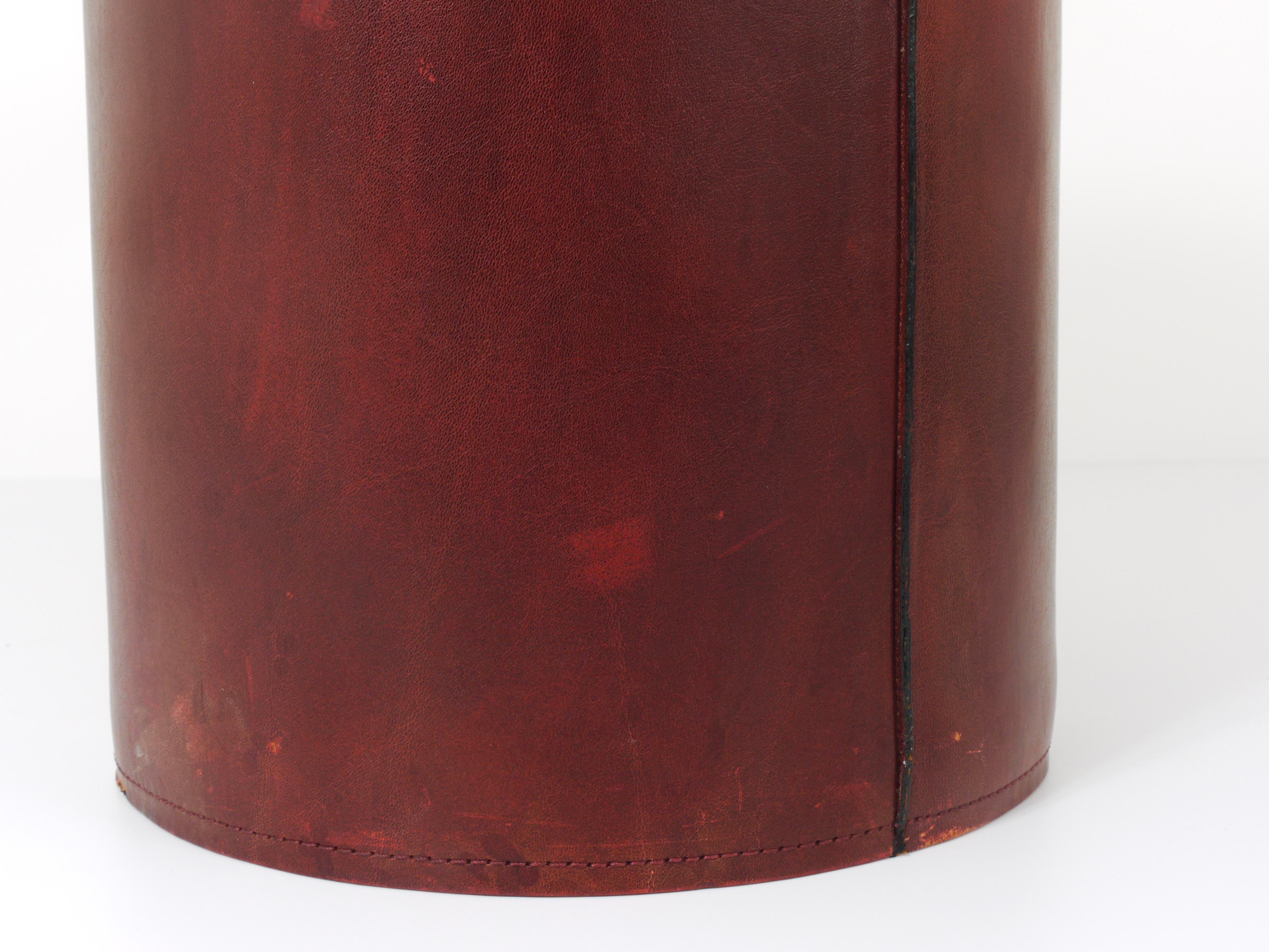 Jacques Adnet Style Red Brown Leather Wastepaper Basket Bin, France, 1970s 8
