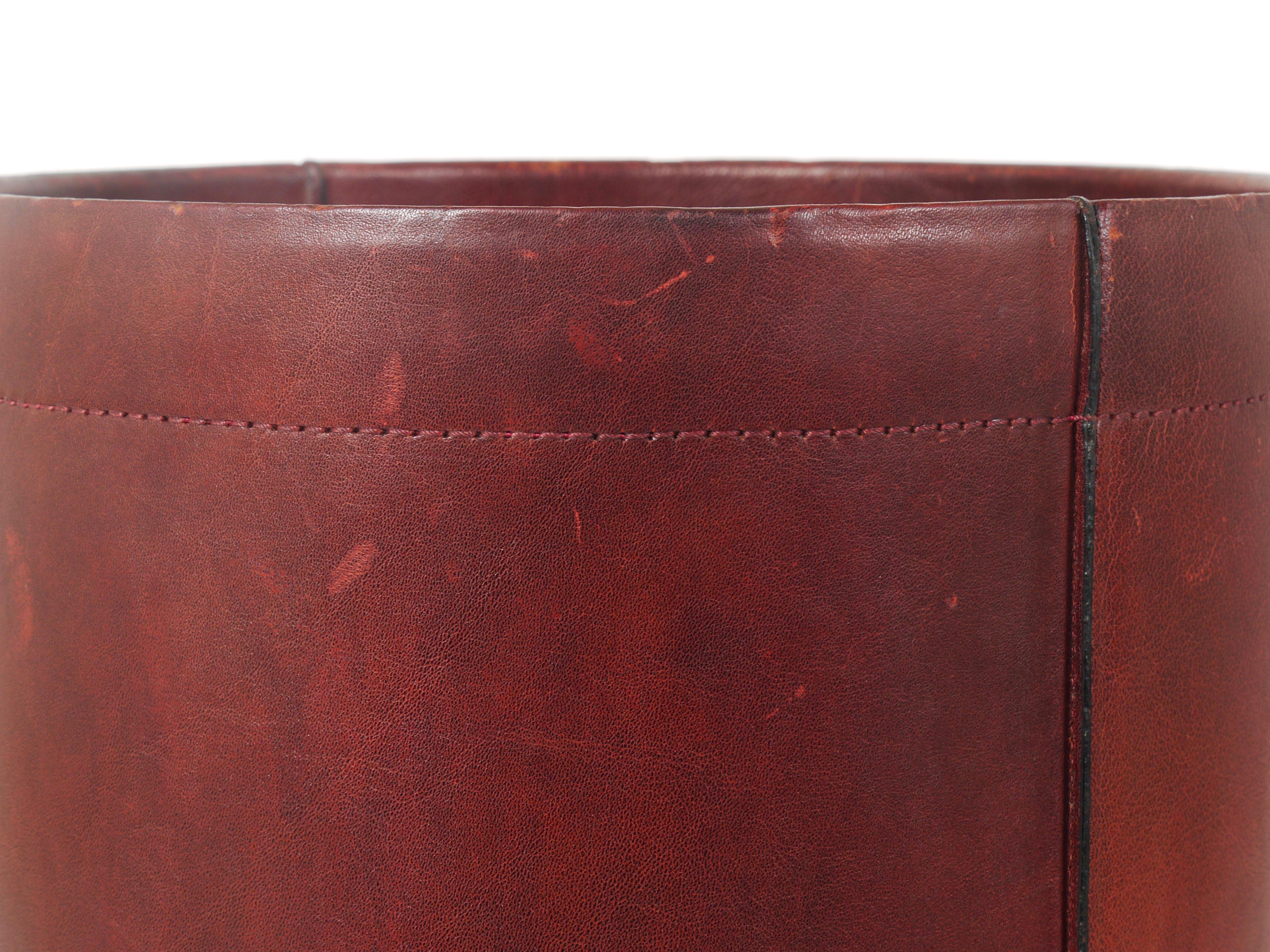 Jacques Adnet Style Red Brown Leather Wastepaper Basket Bin, France, 1970s 9