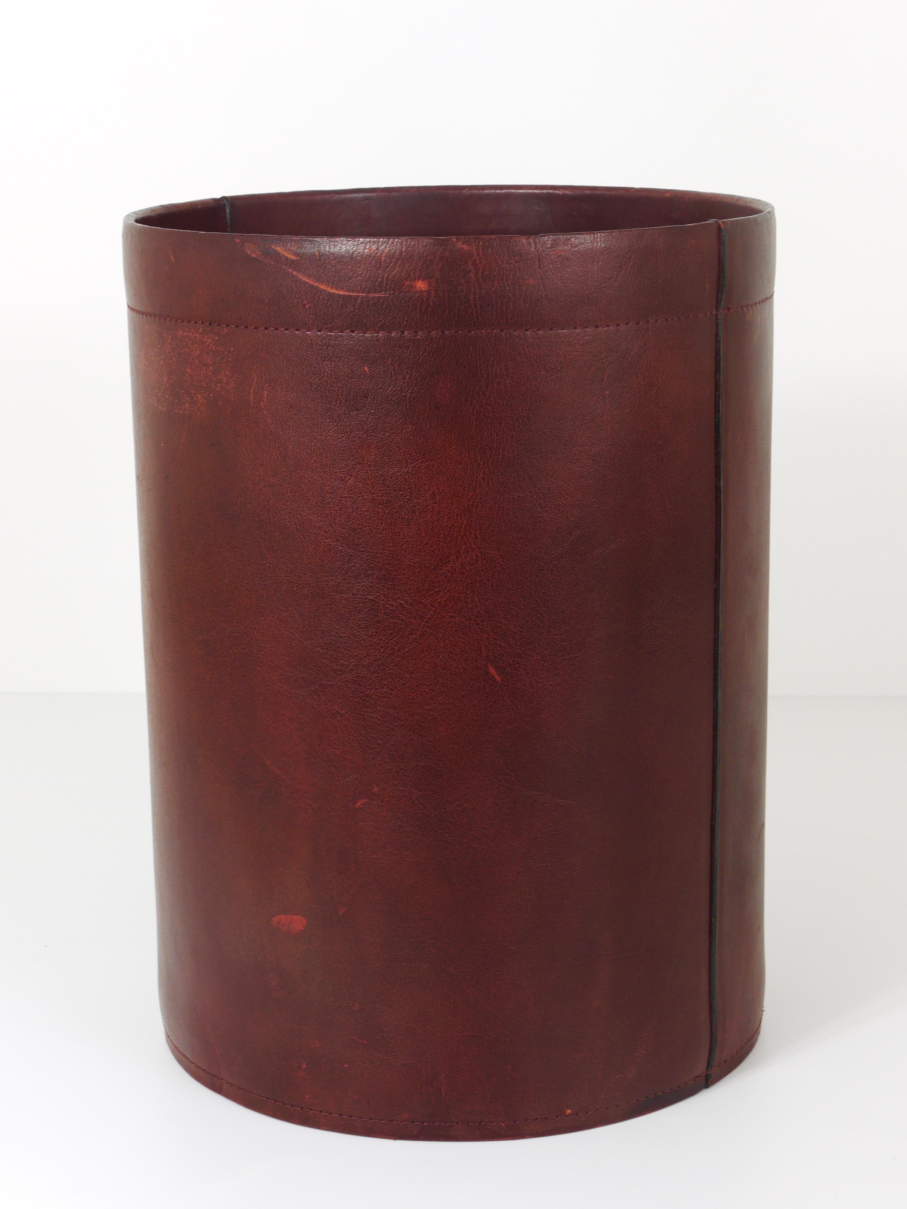 Jacques Adnet Style Red Brown Leather Wastepaper Basket Bin, France, 1970s 13