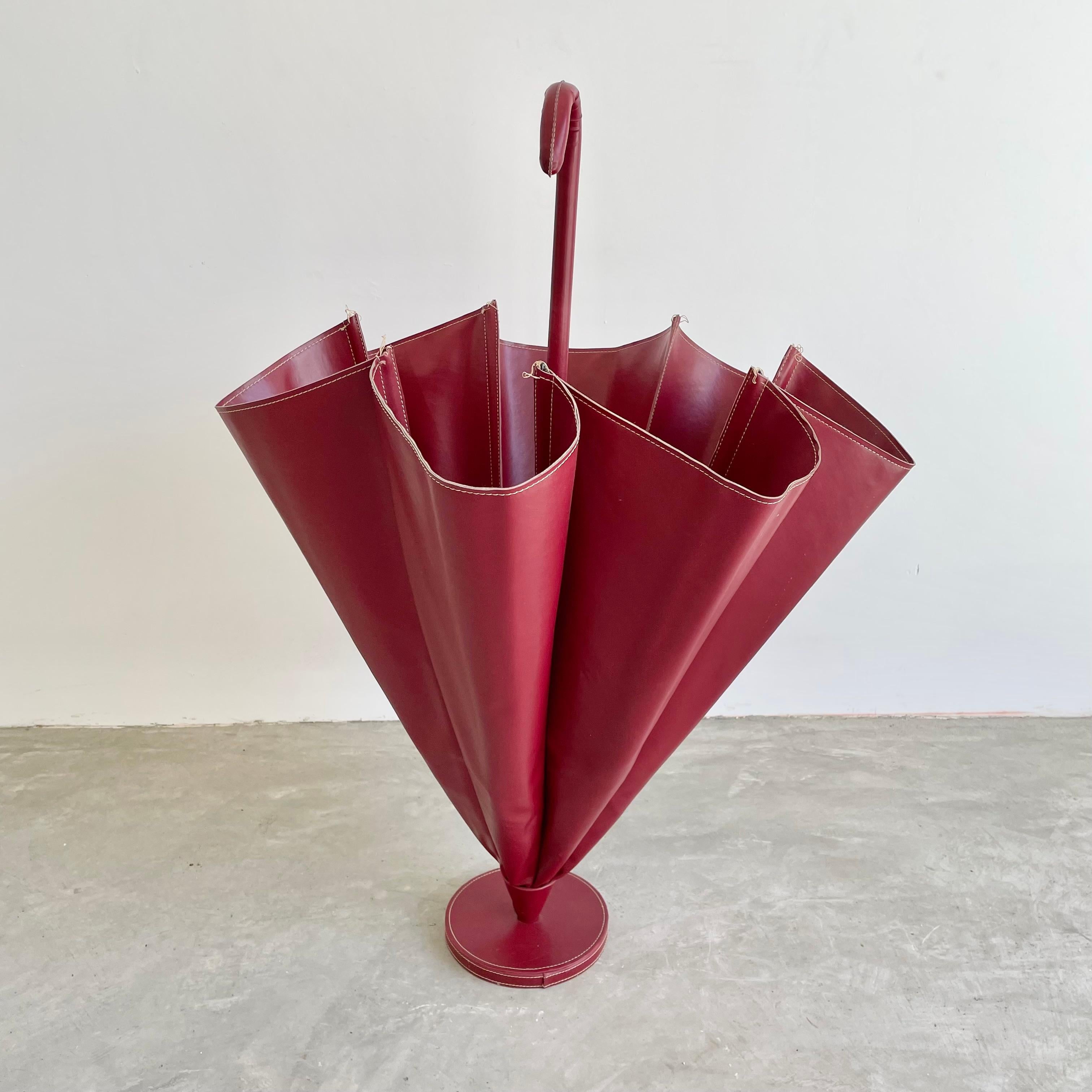 Brass Jacques Adnet Style Red Skai Umbrella Stand, 1950s France