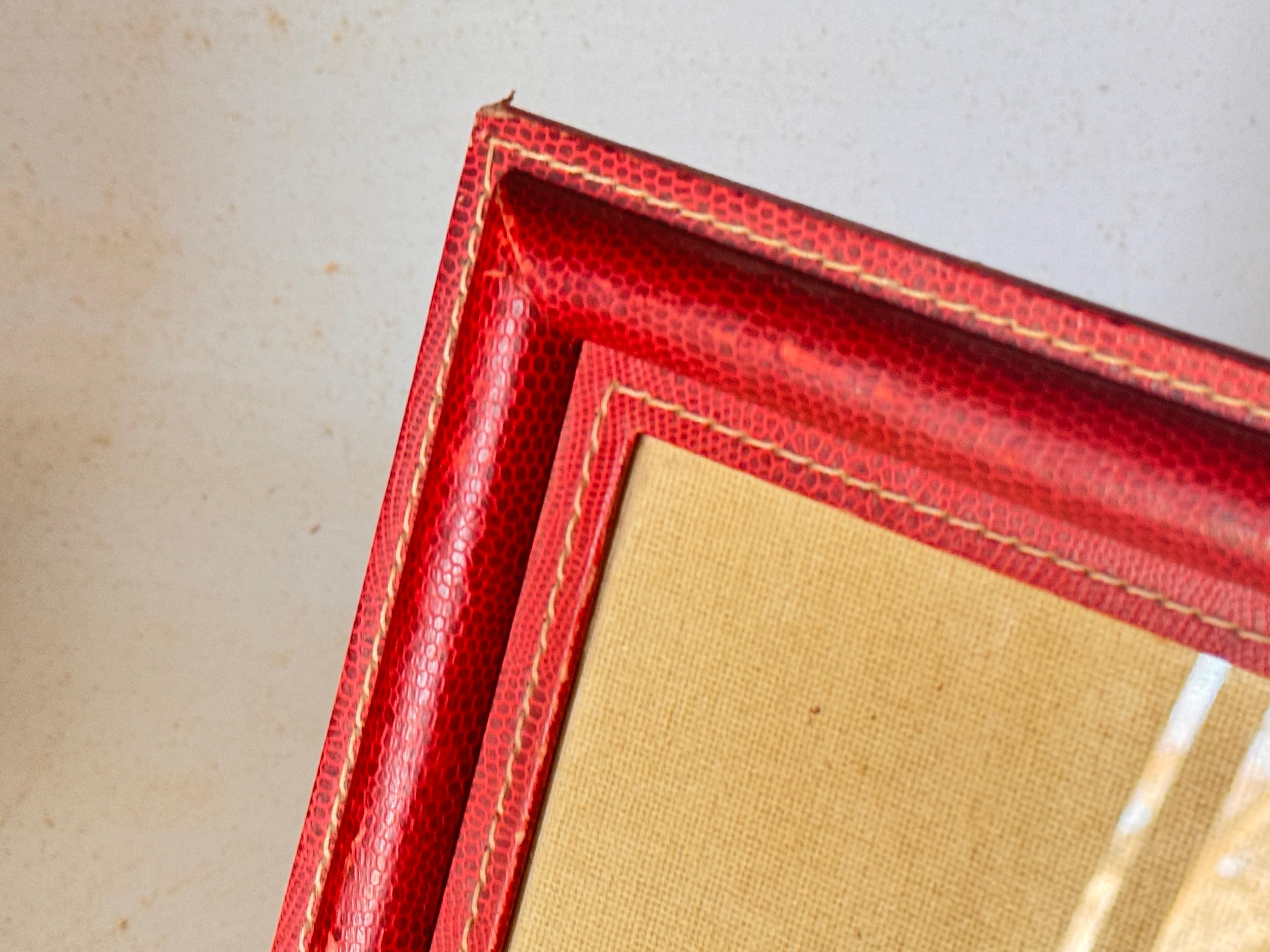 Mid-20th Century Jacques Adnet Style, Red Stitched Leather Picture Frame, France 1940 For Sale