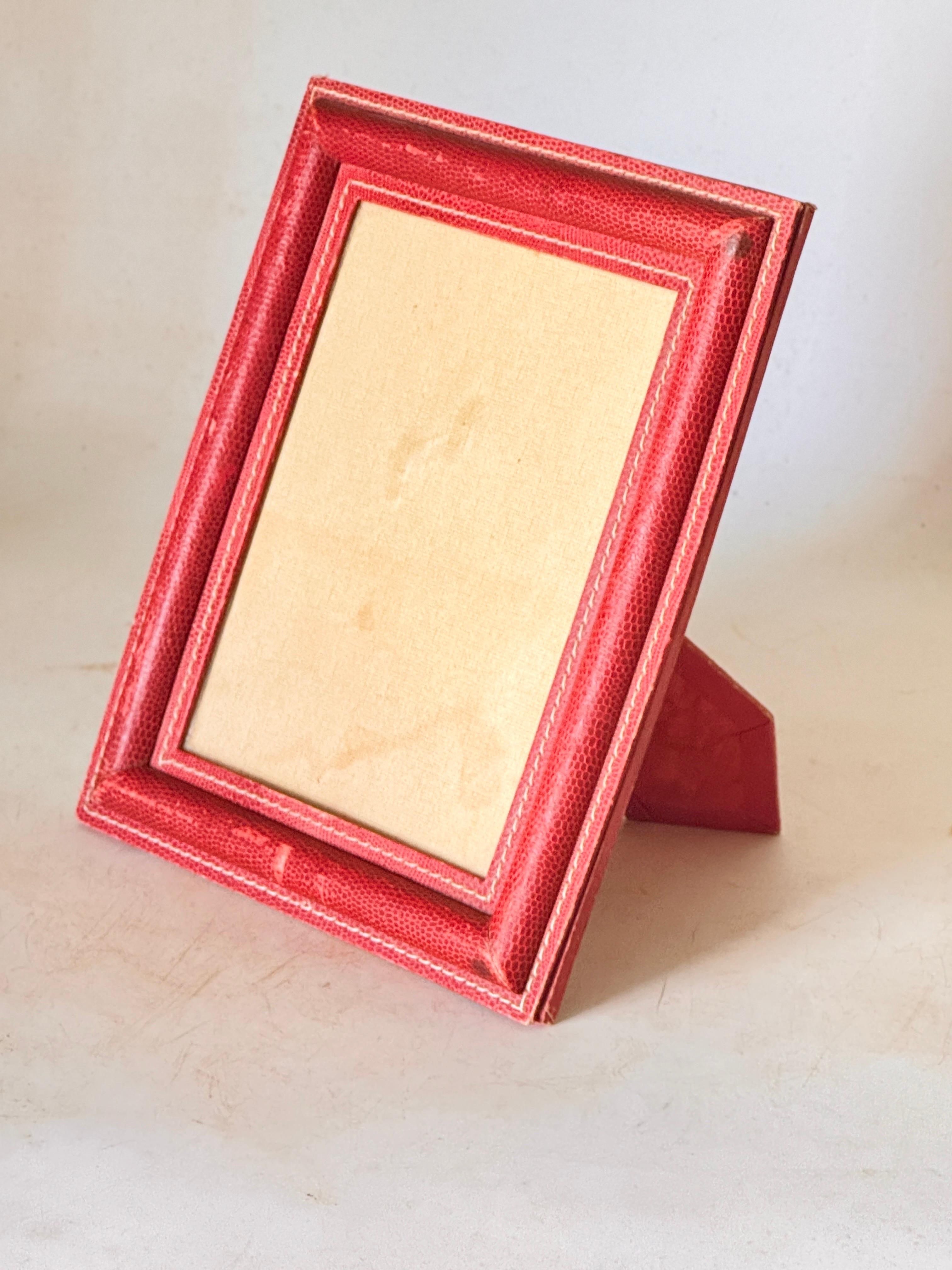 Jacques Adnet Style, Red Stitched Leather Picture Frame, France 1940 For Sale 2