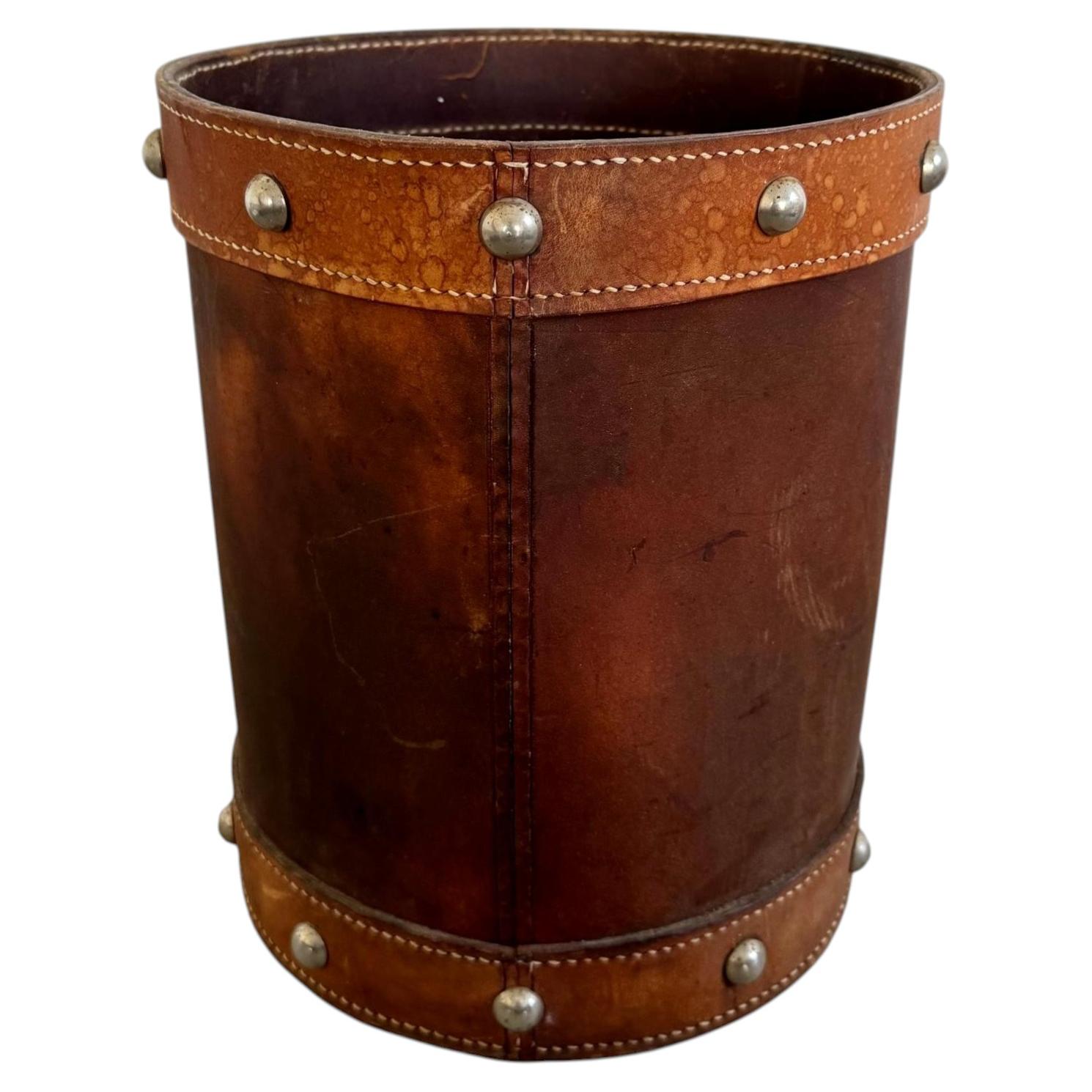 Jacques Adnet Style Saddle Leather Waste Basket, 1950s France
