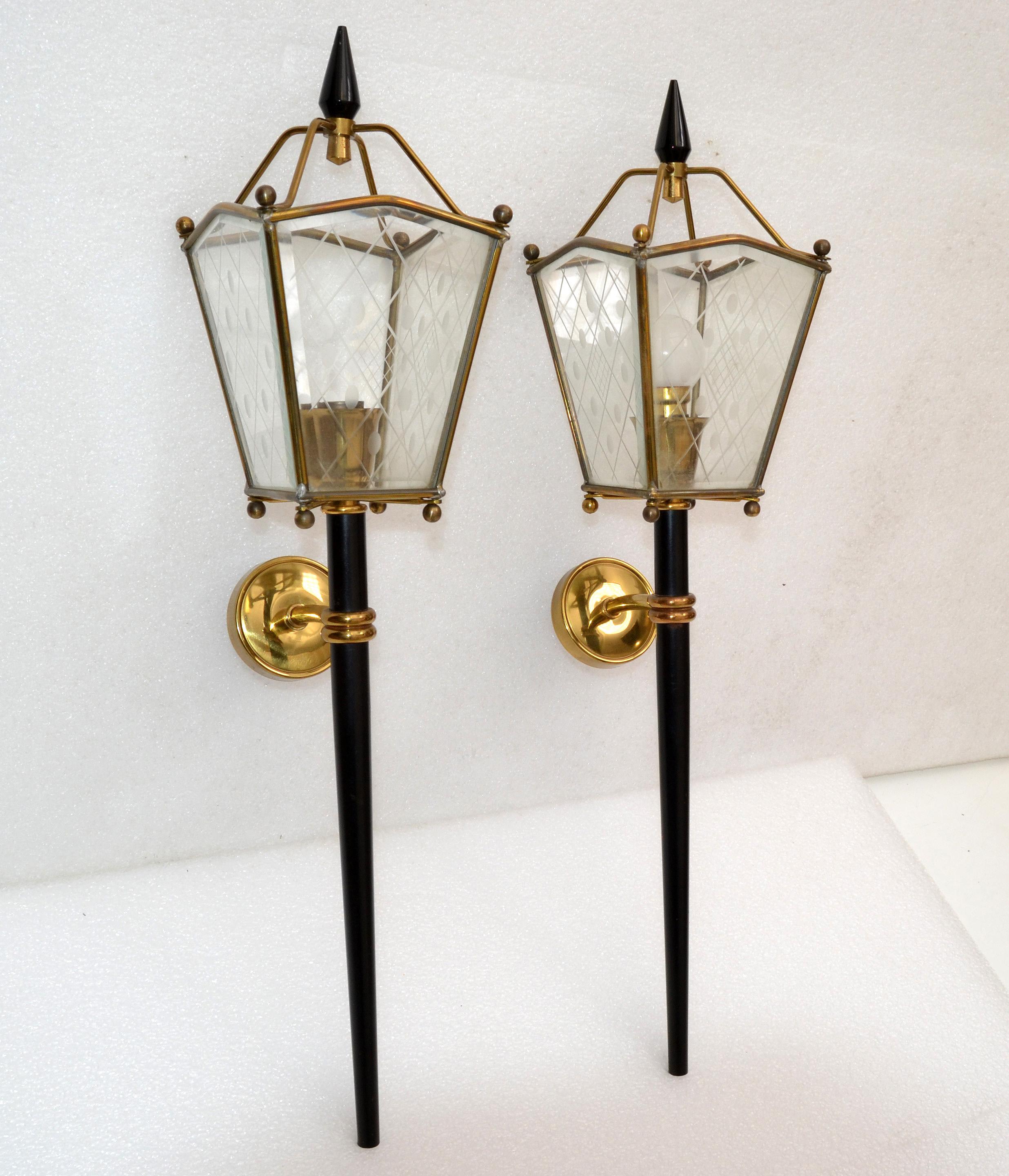 Pair of Jacques Adnet style sconces, wall lights, lantern lamps in brass, etched glass and gun metal.
In perfect working condition and each Sconce takes 1 light bulb max. 40 watts, or LED bulb.
Projection from the wall is 5 inches. Back Plate