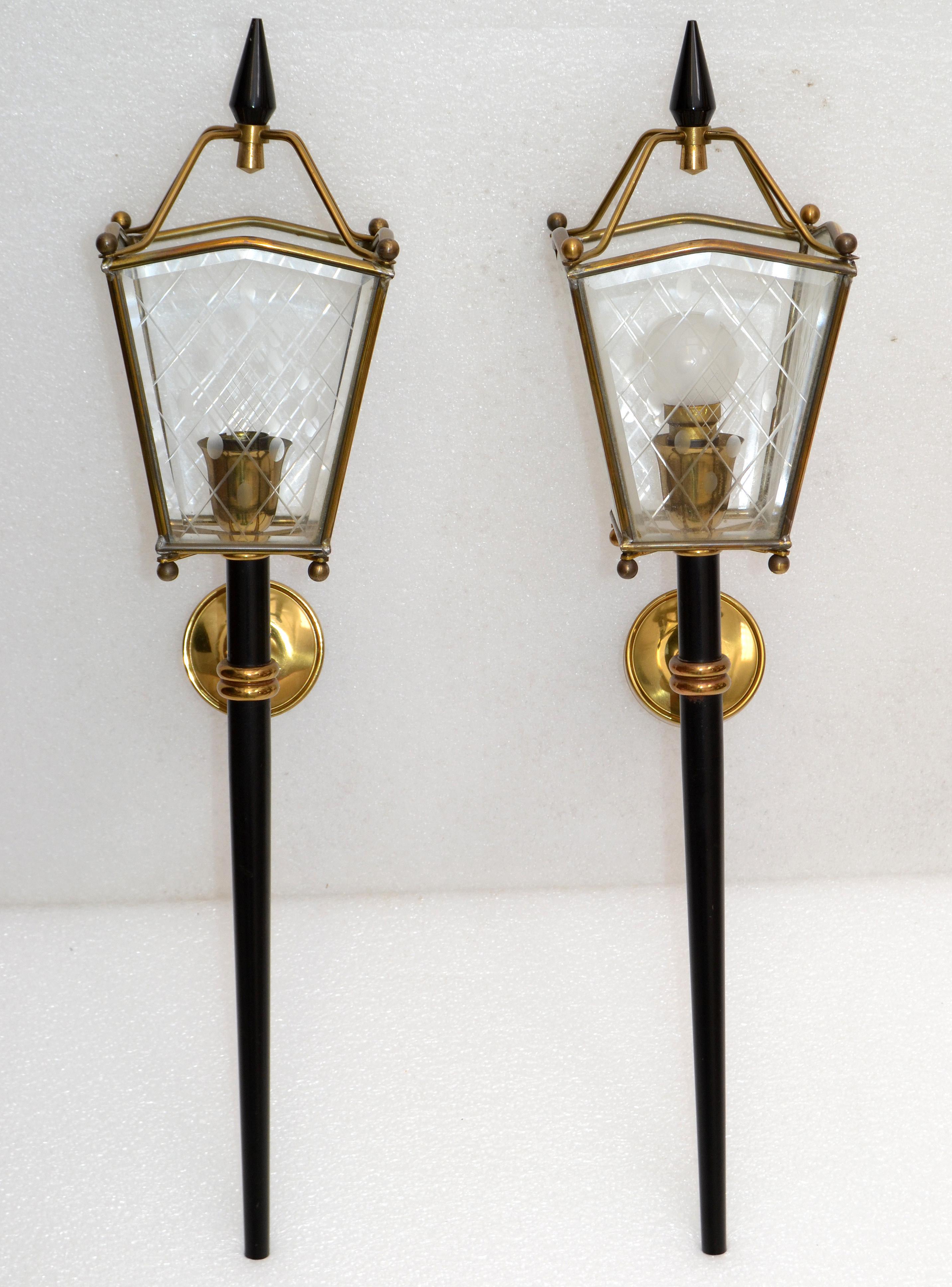 Etched Jacques Adnet Style Sconces Lantern Wall Lamps French Mid-Century Modern, Pair
