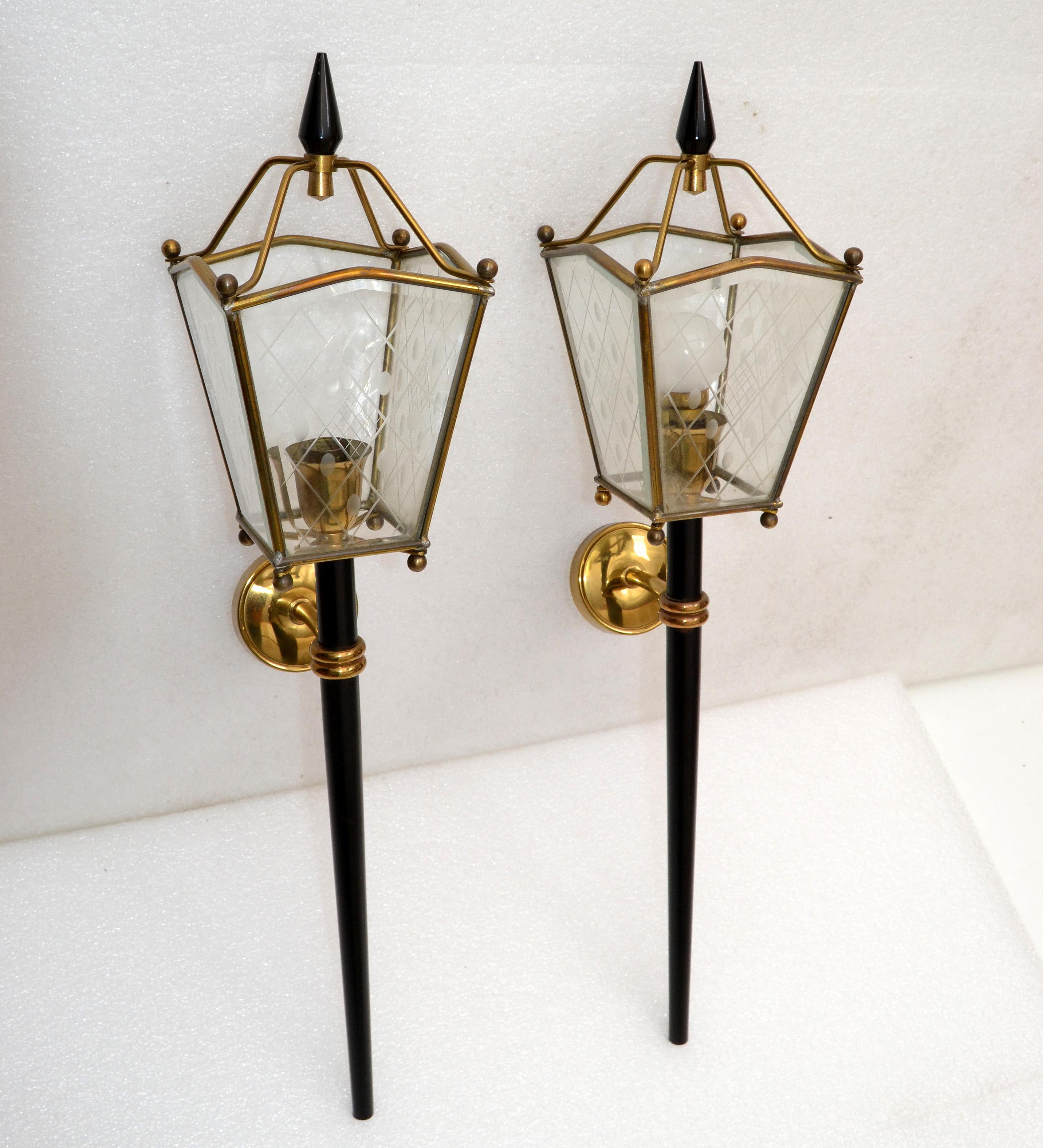 Jacques Adnet Style Sconces Lantern Wall Lamps French Mid-Century Modern, Pair In Good Condition In Miami, FL