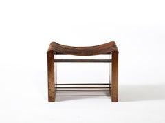 Jacques Adnet Style Small Bench Stool in Oak, Leather & Metal, France 1950's