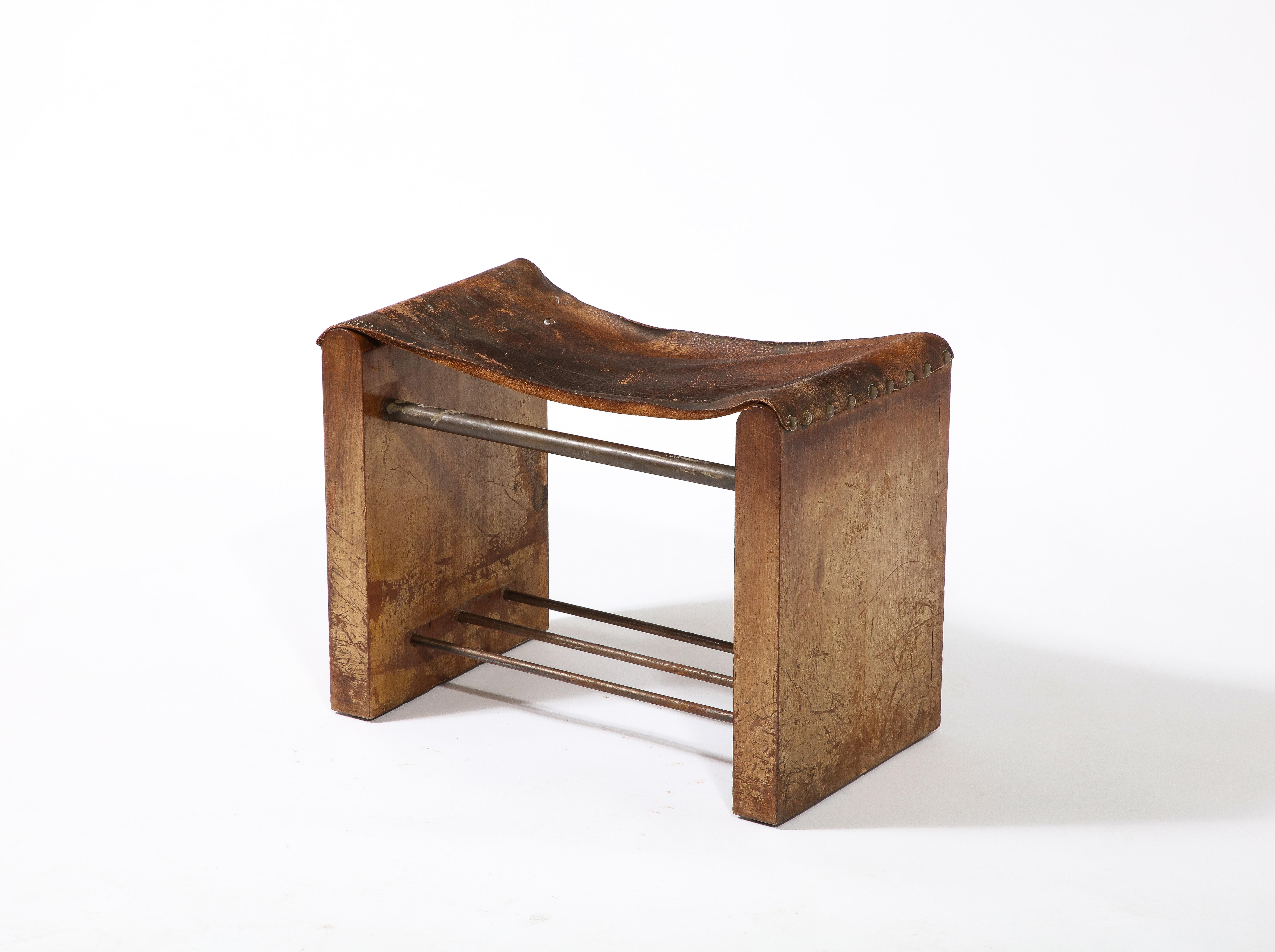 Mid-Century Modern Jacques Adnet Style Small Bench Stool in Oak, Leather & Metal, France 1950's