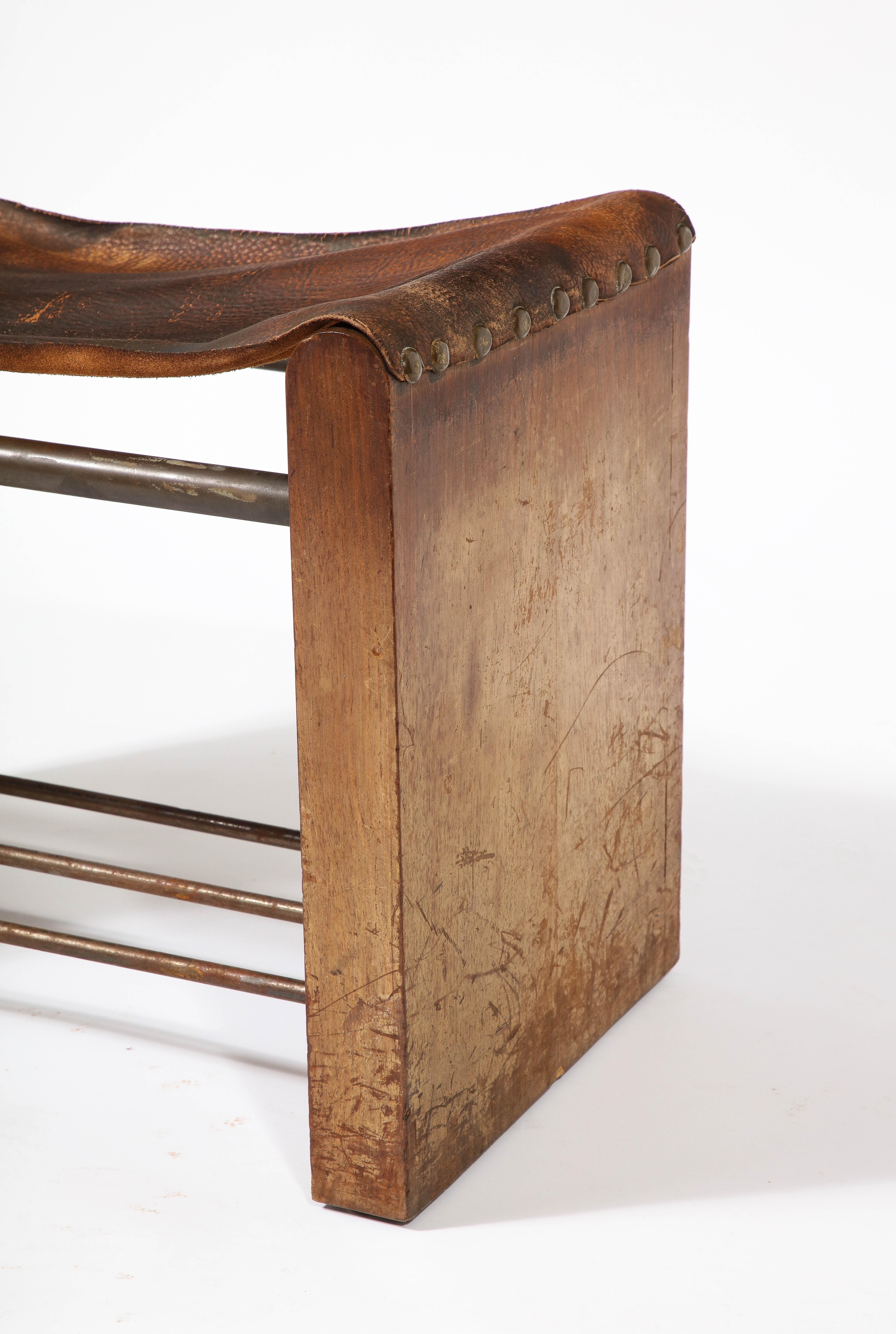 Jacques Adnet Style Small Bench Stool in Oak, Leather & Metal, France 1950's In Fair Condition In New York, NY