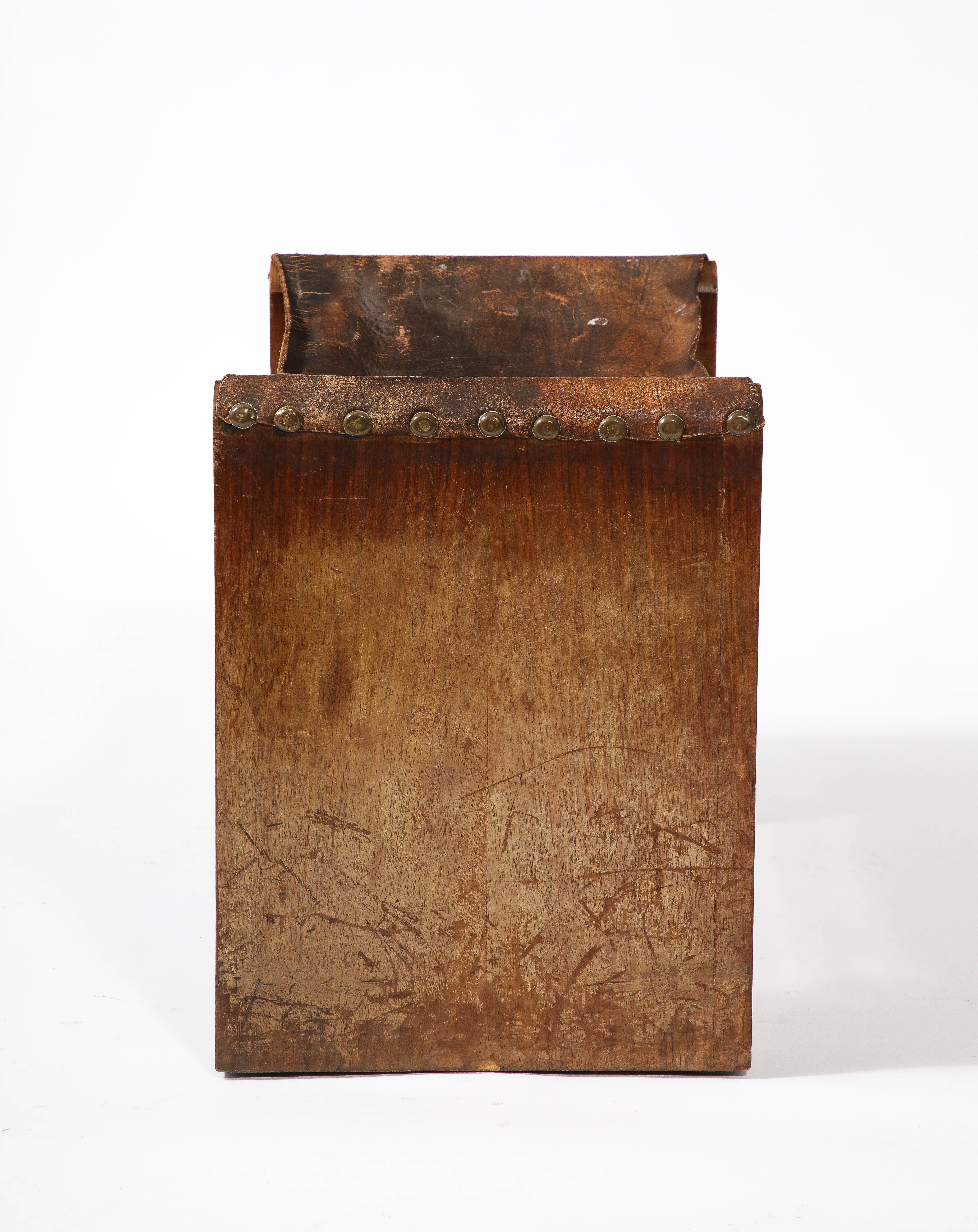 Mid-20th Century Jacques Adnet Style Small Bench Stool in Oak, Leather & Metal, France 1950's