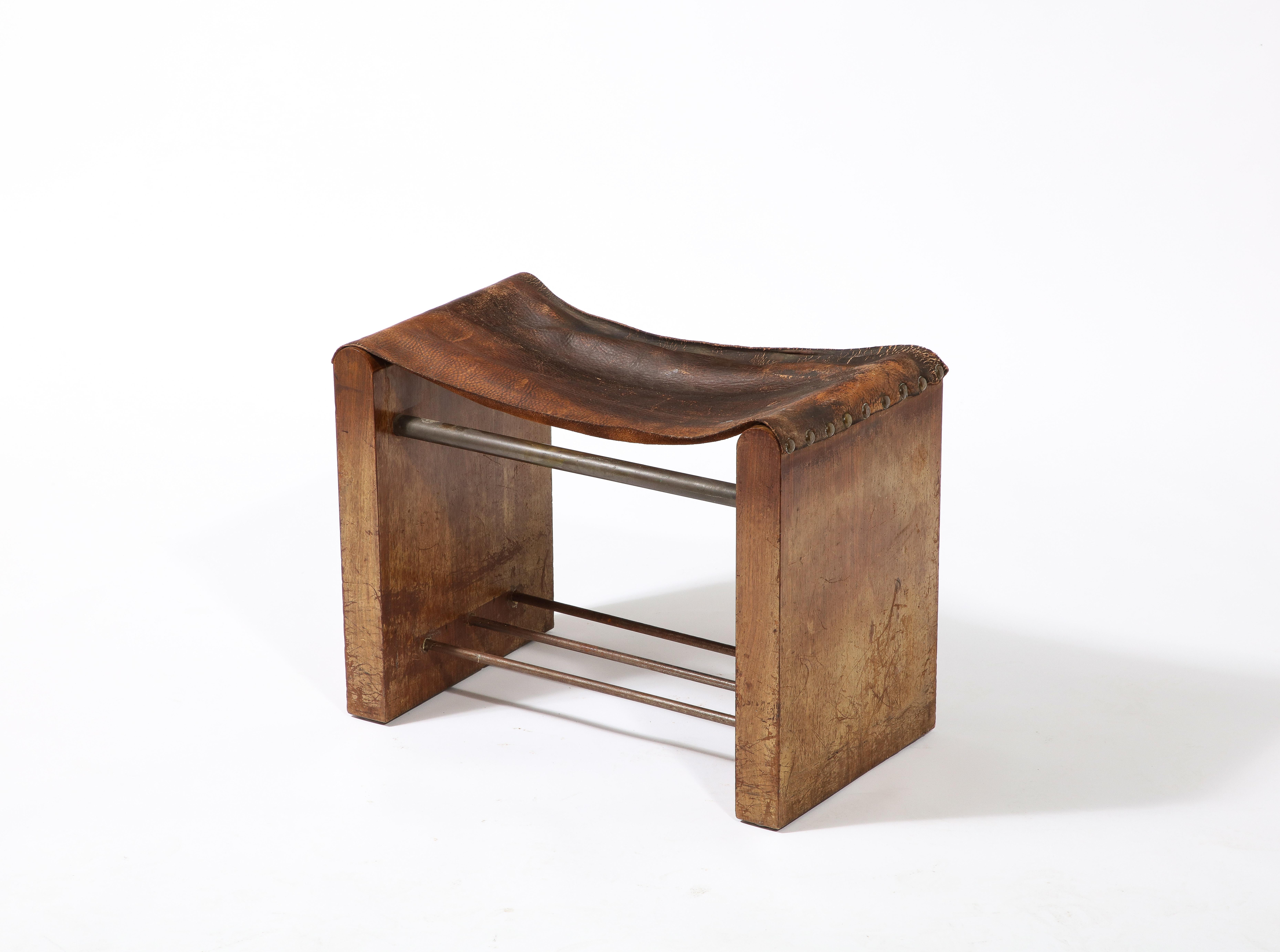 Jacques Adnet Style Small Bench Stool in Oak, Leather & Metal, France 1950's 2