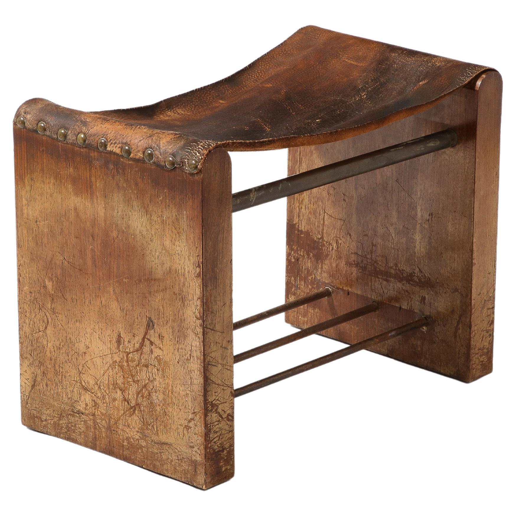 Jacques Adnet Style Small Bench Stool in Oak, Leather & Metal, France 1950's