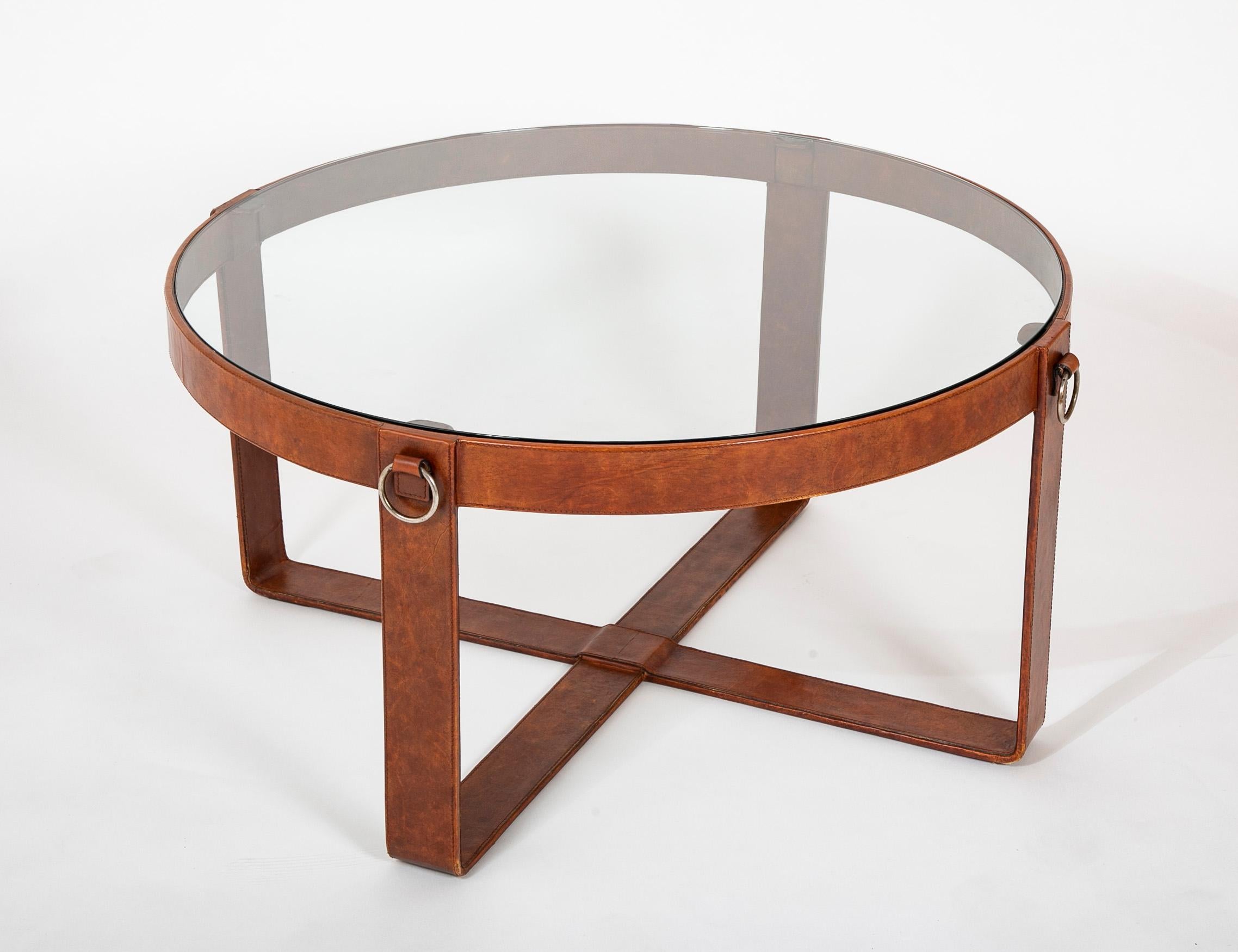 Mid-Century Modern Jacques Adnet Style Stitched Leather Iron and Glass Round Coffee Table