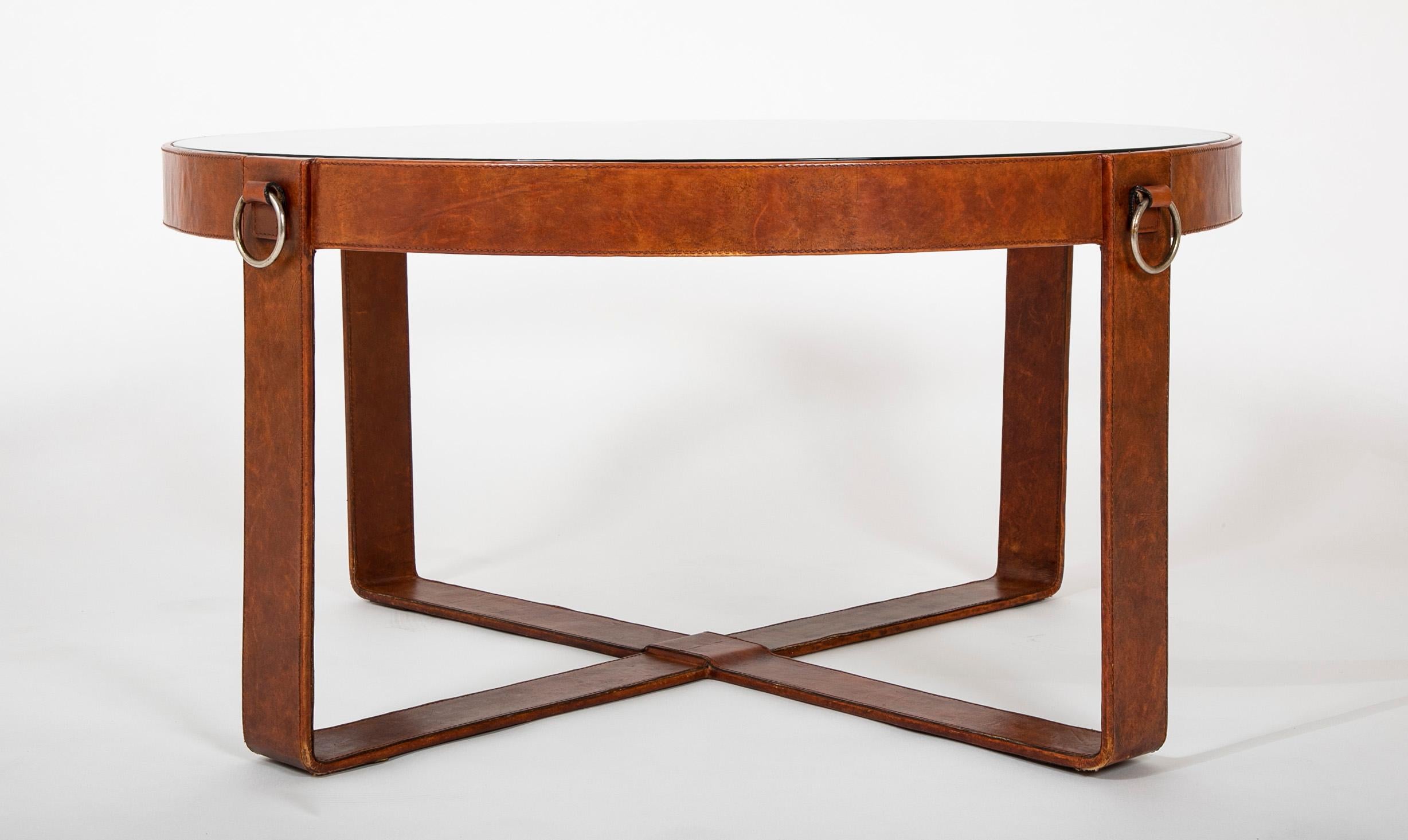 French Jacques Adnet Style Stitched Leather Iron and Glass Round Coffee Table