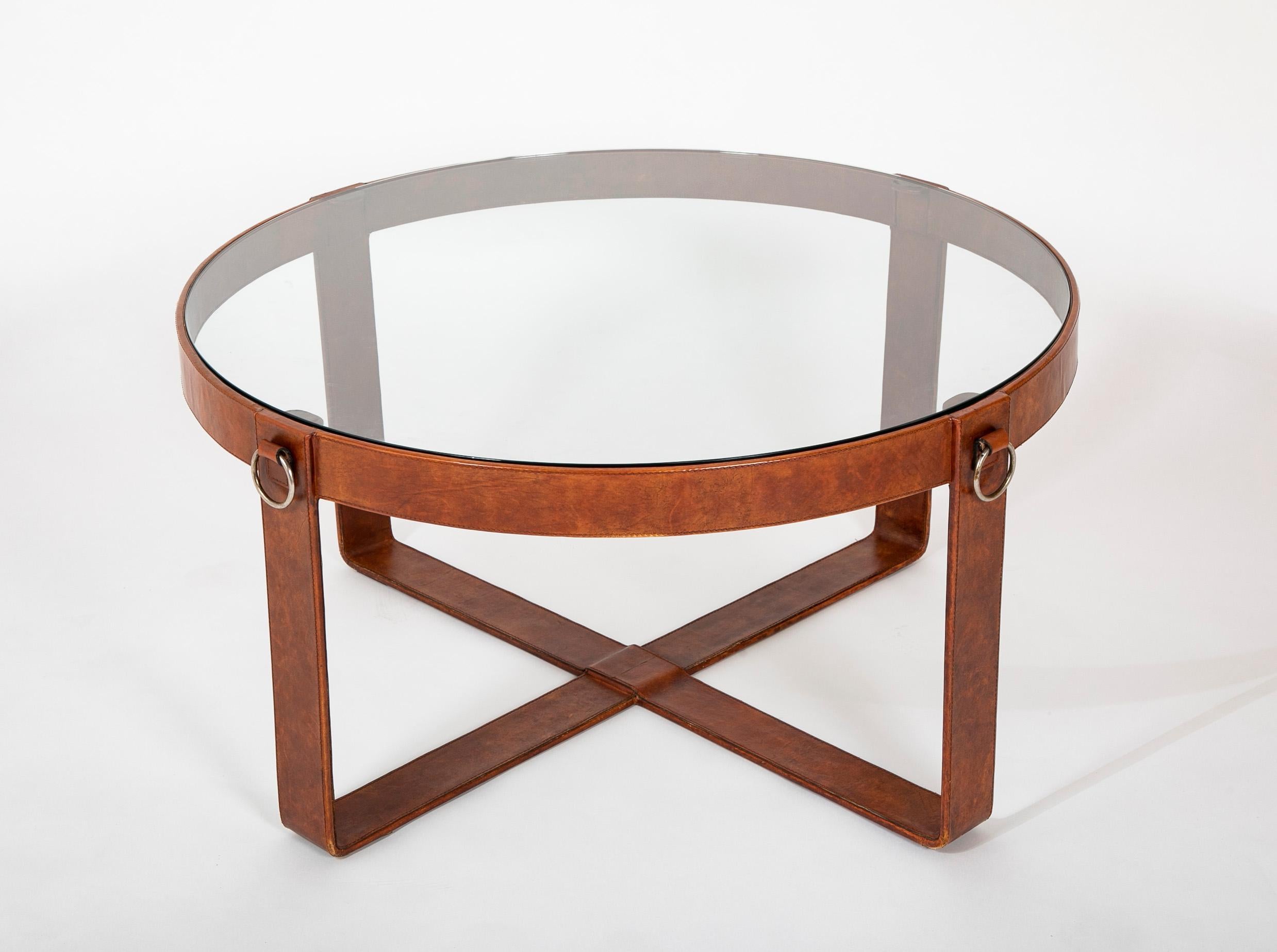 Jacques Adnet Style Stitched Leather Iron and Glass Round Coffee Table In Good Condition In Stamford, CT