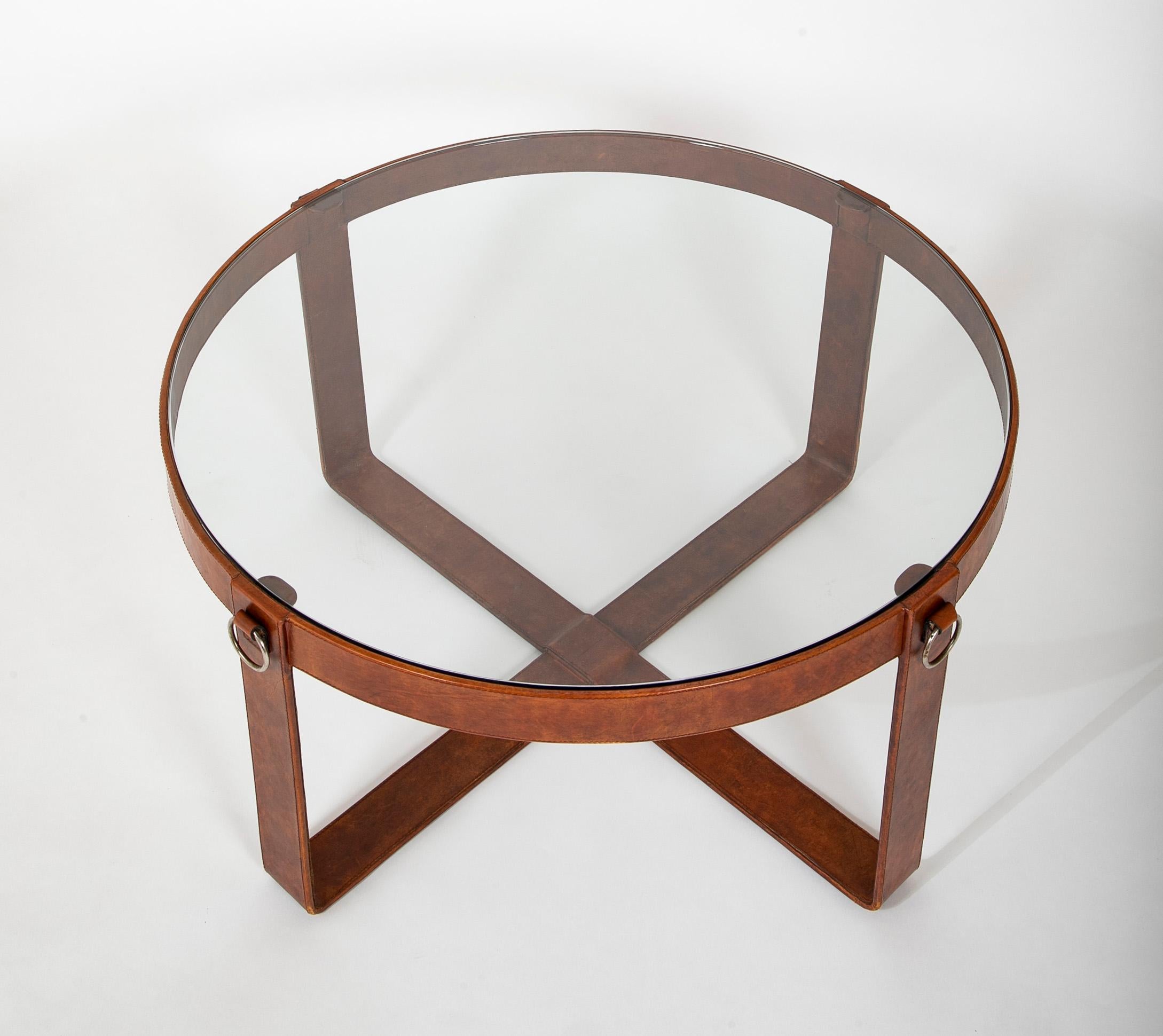 20th Century Jacques Adnet Style Stitched Leather Iron and Glass Round Coffee Table
