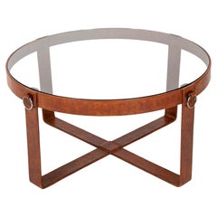 Jacques Adnet Style Stitched Leather Iron and Glass Round Coffee Table 