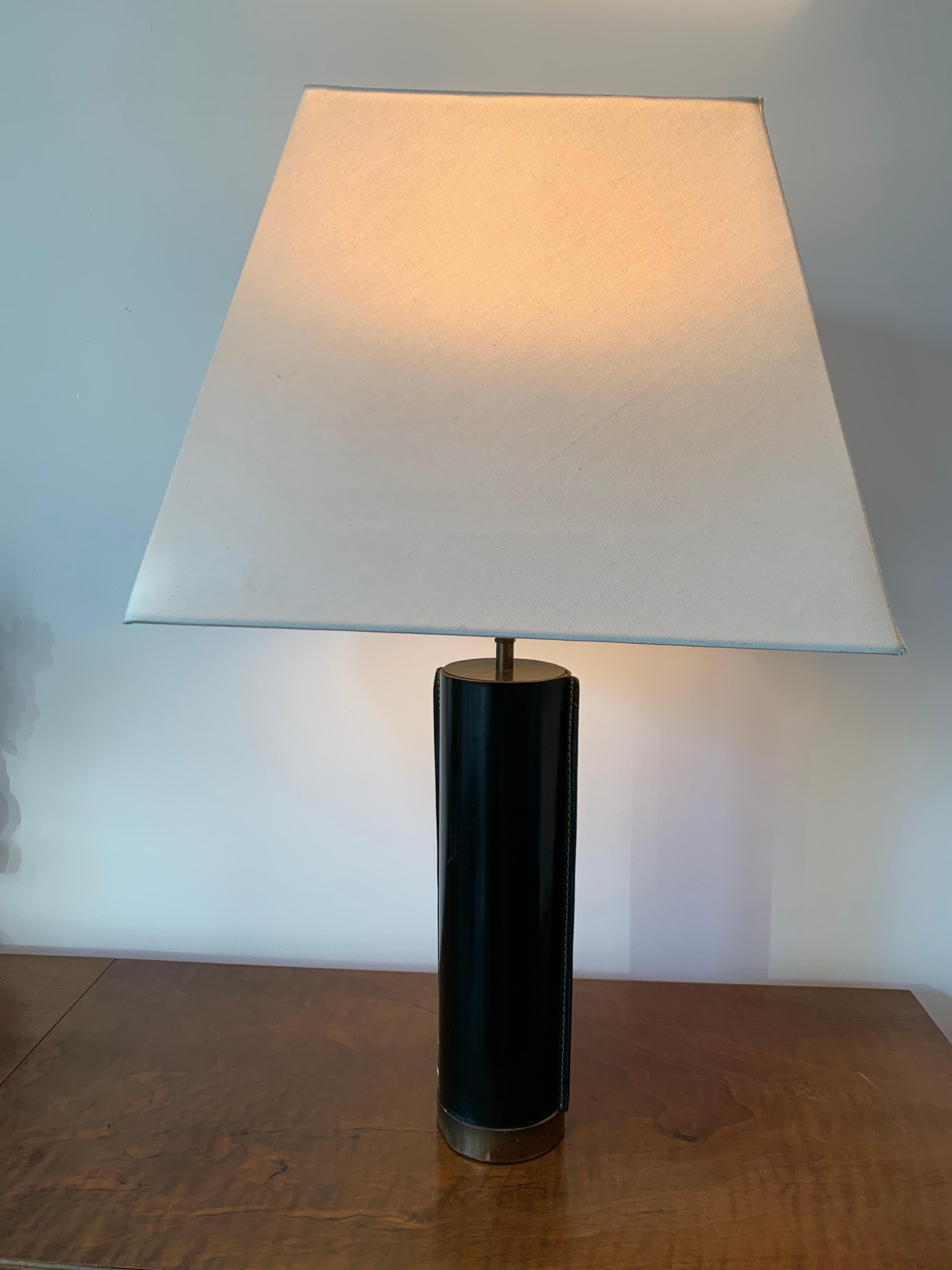 Mid-20th Century 20th Century Table Lamp Leather and Brass in Jacques Adnet Style, 1950s