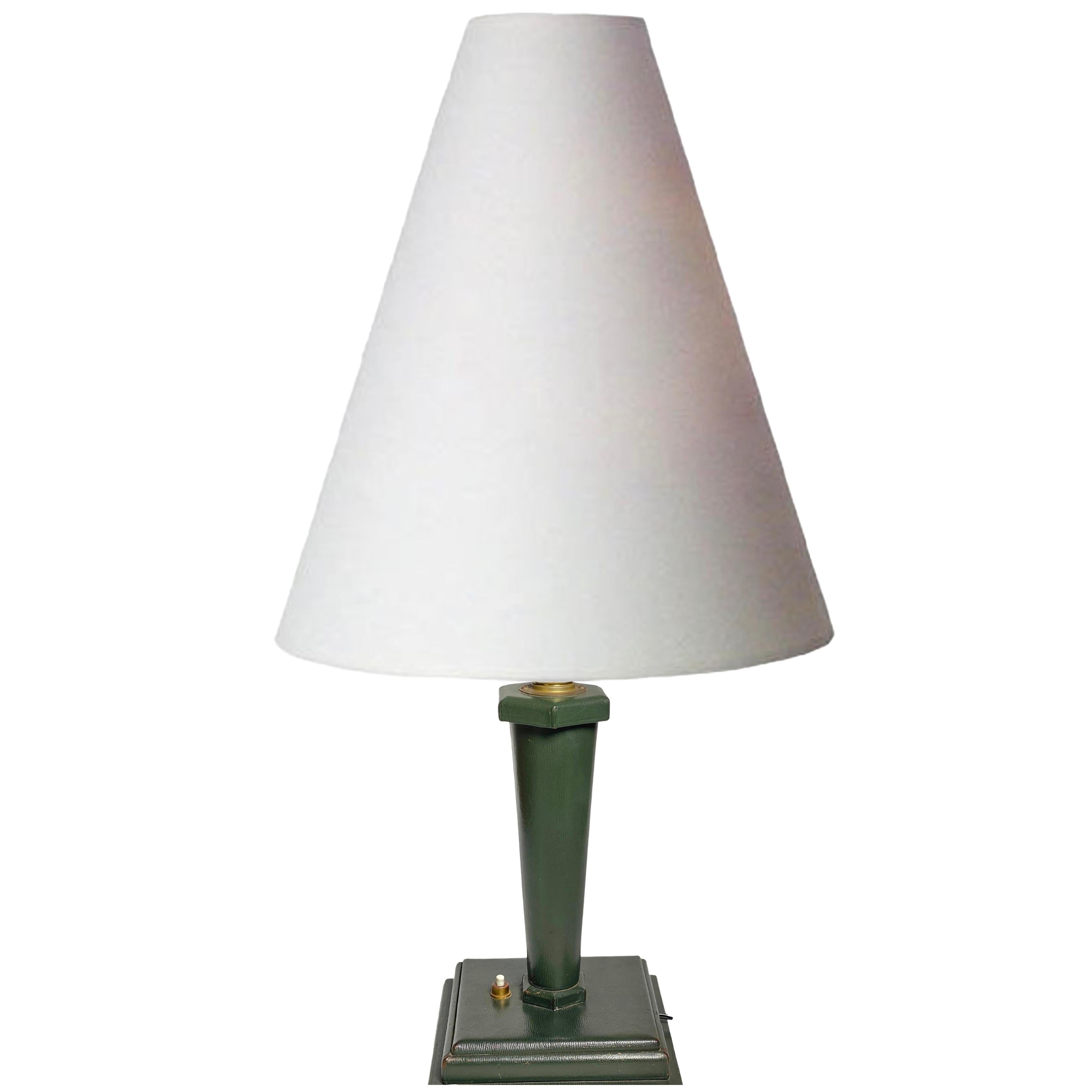 Mid-Century Modern Jacques Adnet Style Table Lamp, Green Leather, France, circa 1940 For Sale