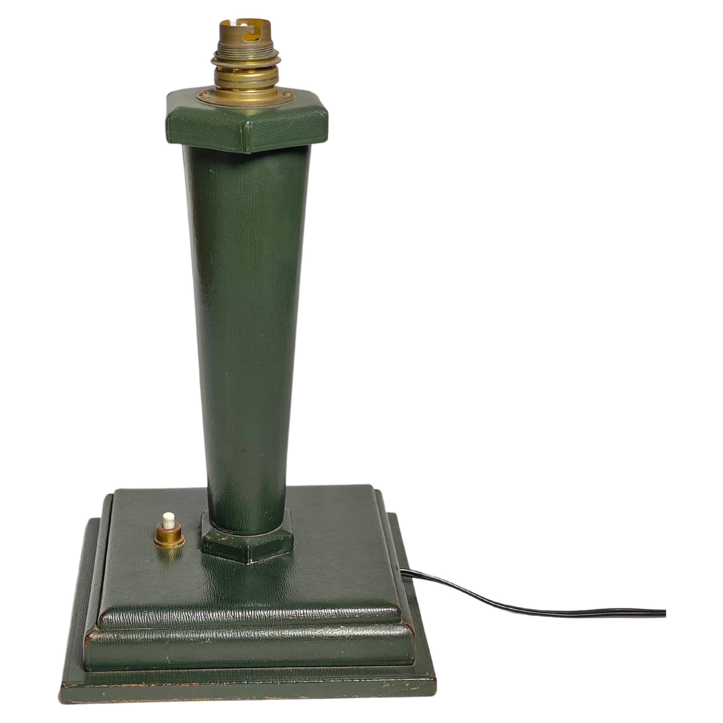 French Jacques Adnet Style Table Lamp, Green Leather, France, circa 1940 For Sale