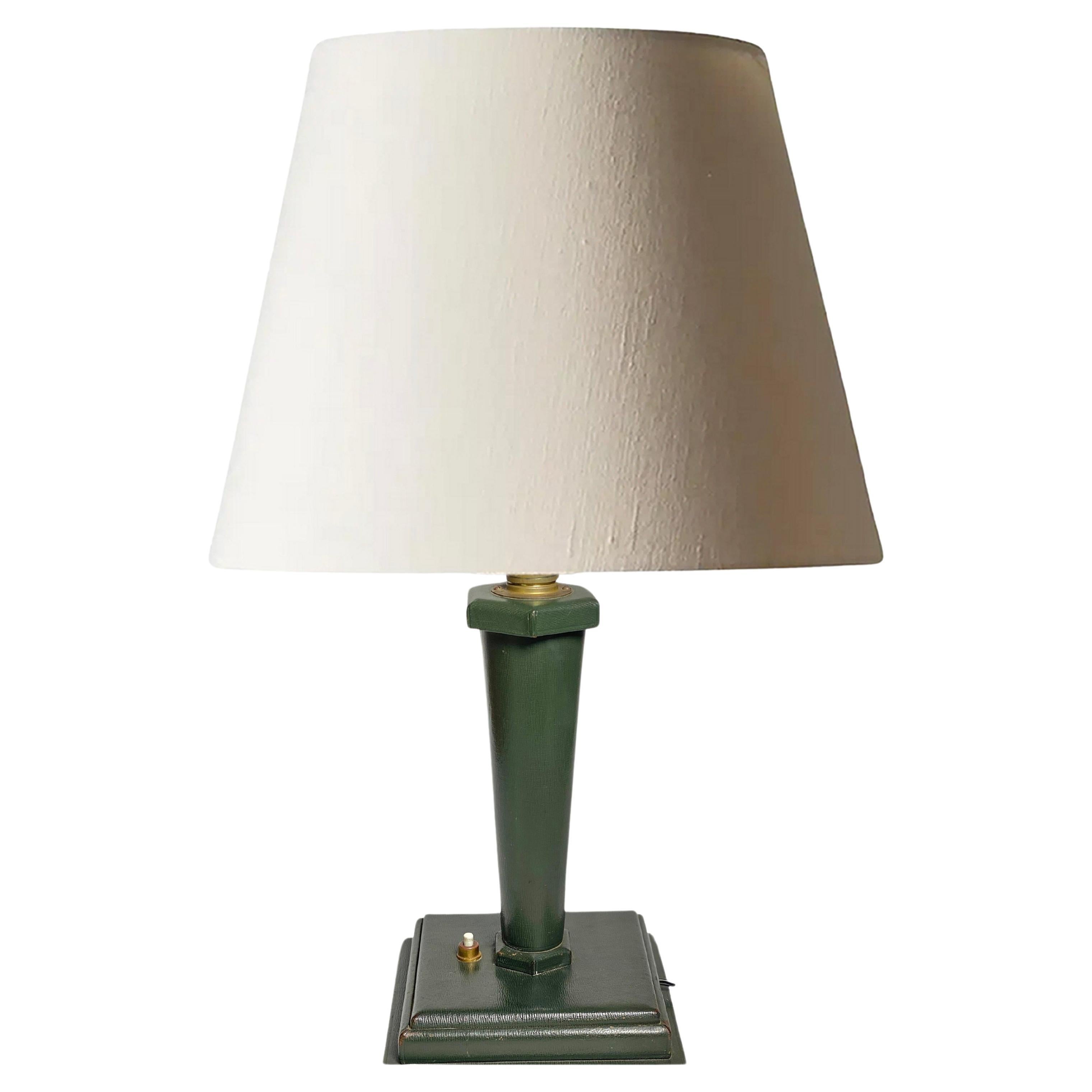 Jacques Adnet Style Table Lamp, Green Leather, France, circa 1940 For Sale