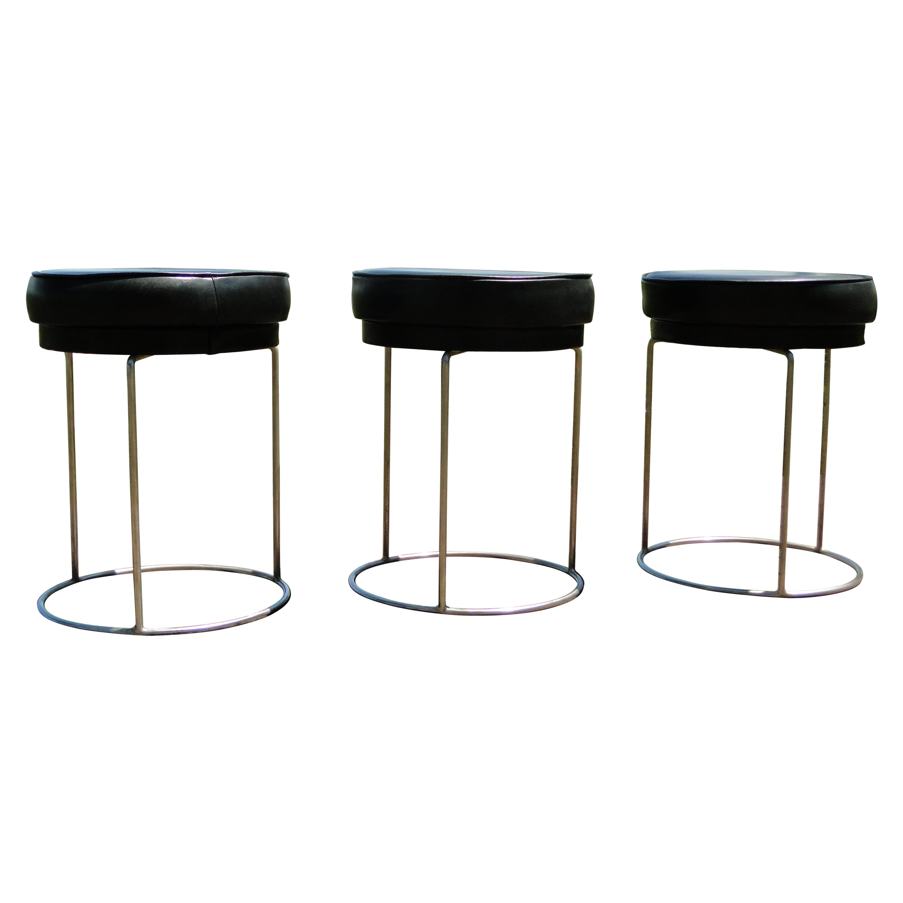 Juego de 3 taburetes de cuero y metal estilo Jacques Adnet Vintage French Mid Century