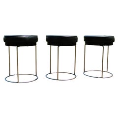 Juego de 3 taburetes de cuero y metal estilo Jacques Adnet Vintage French Mid Century