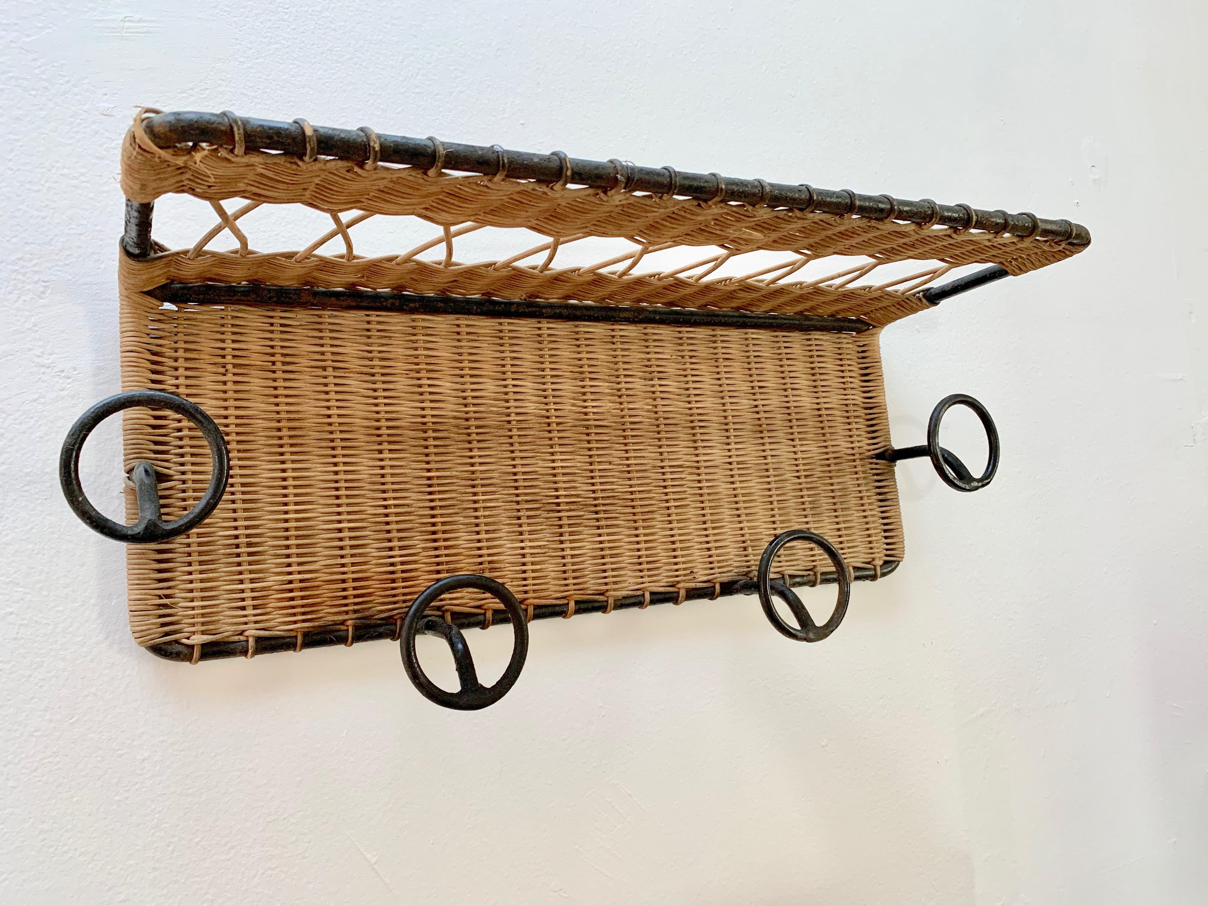 French Jacques Adnet Style Wicker and Iron Coat Rack For Sale