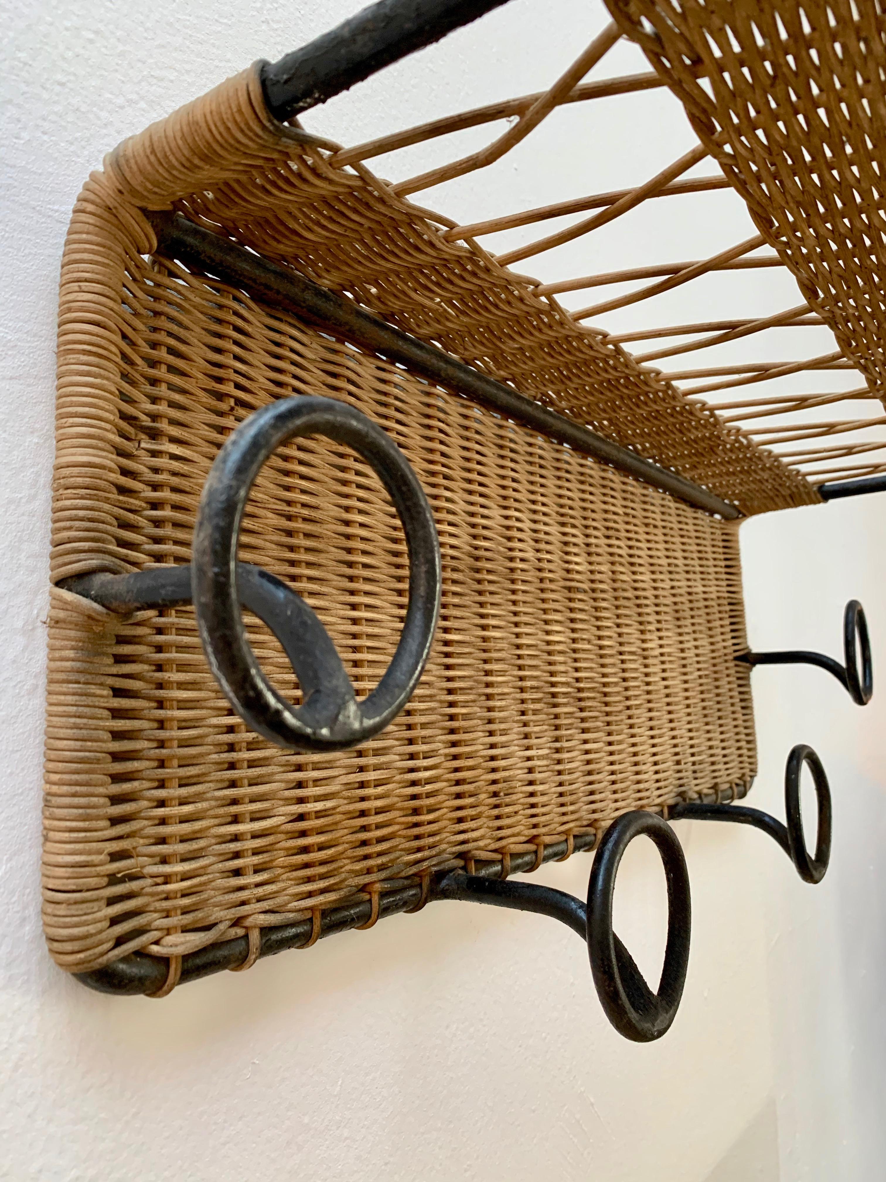 Jacques Adnet Style Wicker and Iron Coat Rack In Good Condition For Sale In Los Angeles, CA