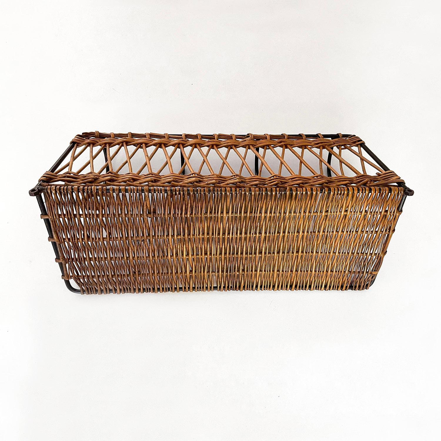Jacques Adnet Style Wicker and Iron Coat Rack In Good Condition For Sale In Los Angeles, CA