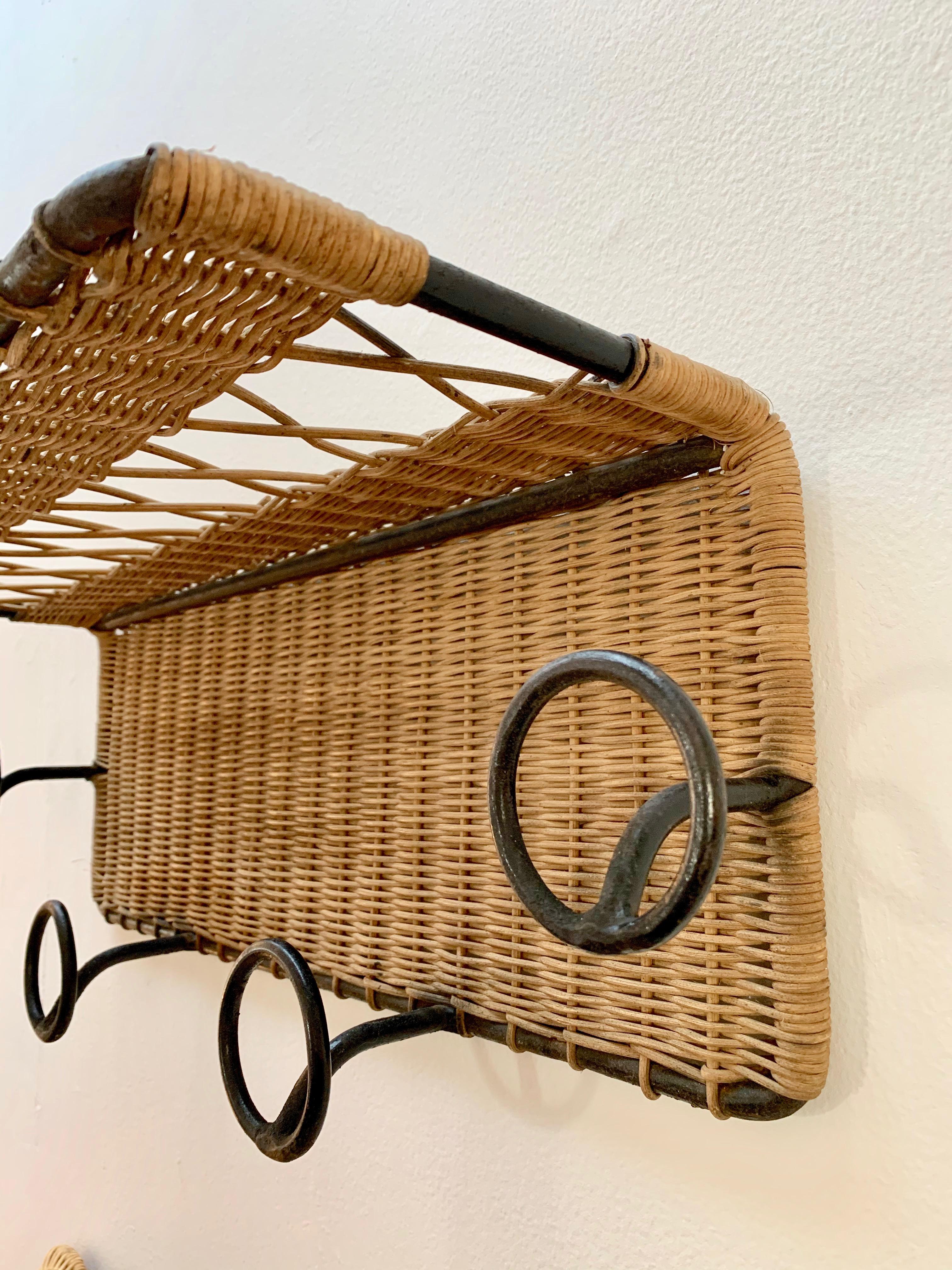 Mid-20th Century Jacques Adnet Style Wicker and Iron Coat Rack For Sale