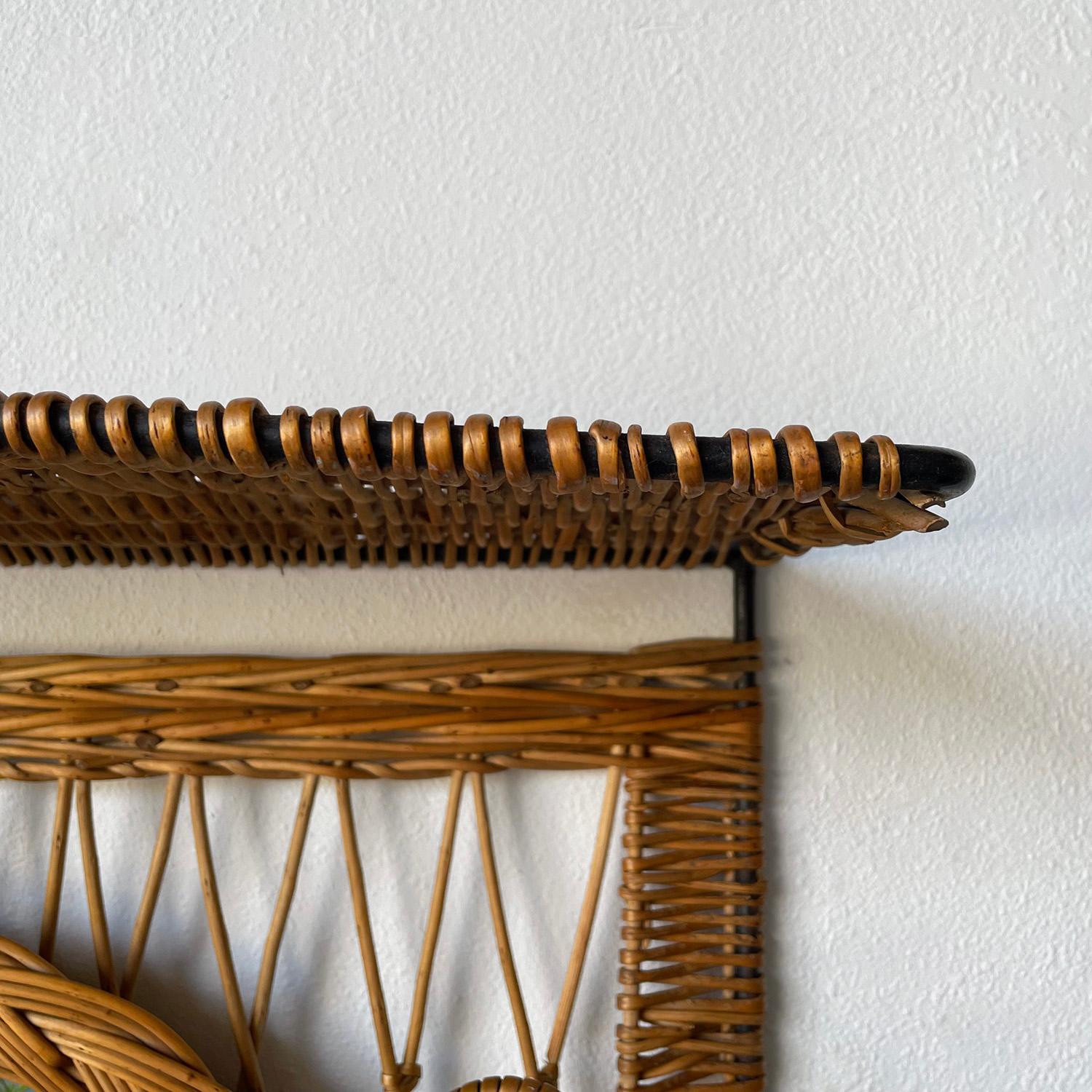 Jacques Adnet Style Wicker and Iron Mirrored Coat Rack For Sale 5