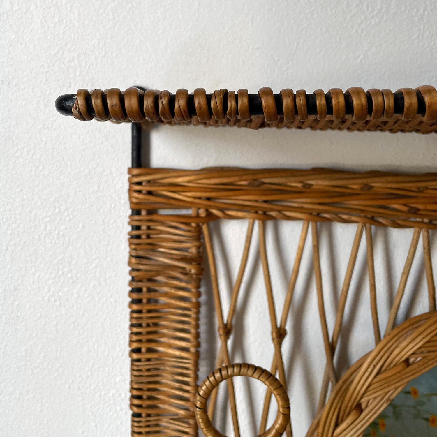French Jacques Adnet Style Wicker and Iron Mirrored Coat Rack For Sale