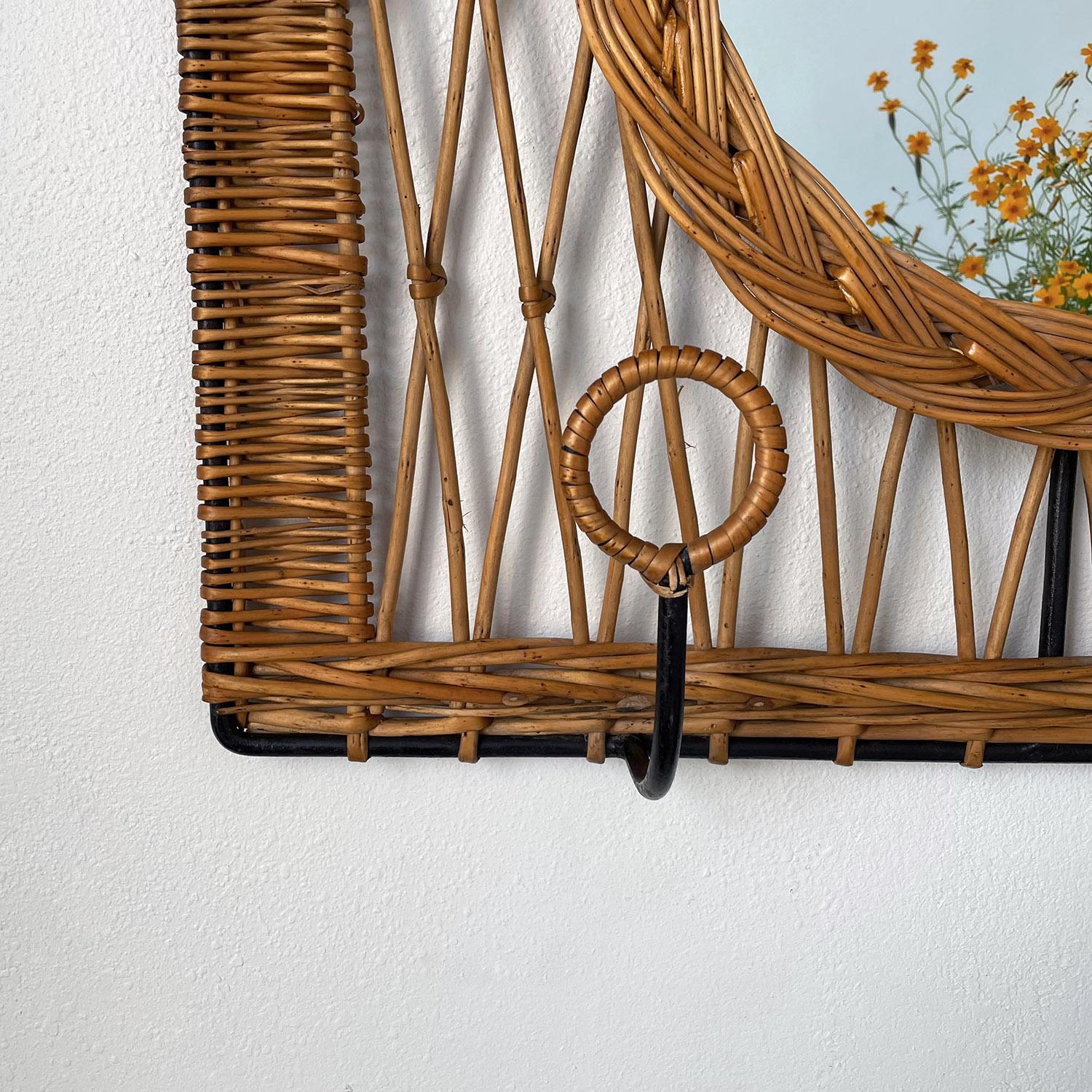 Mid-20th Century Jacques Adnet Style Wicker and Iron Mirrored Coat Rack For Sale